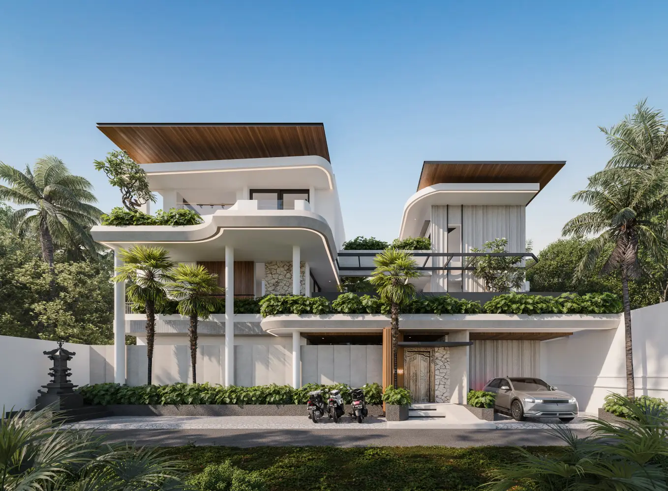 Modern tropical villa exterior with palm trees