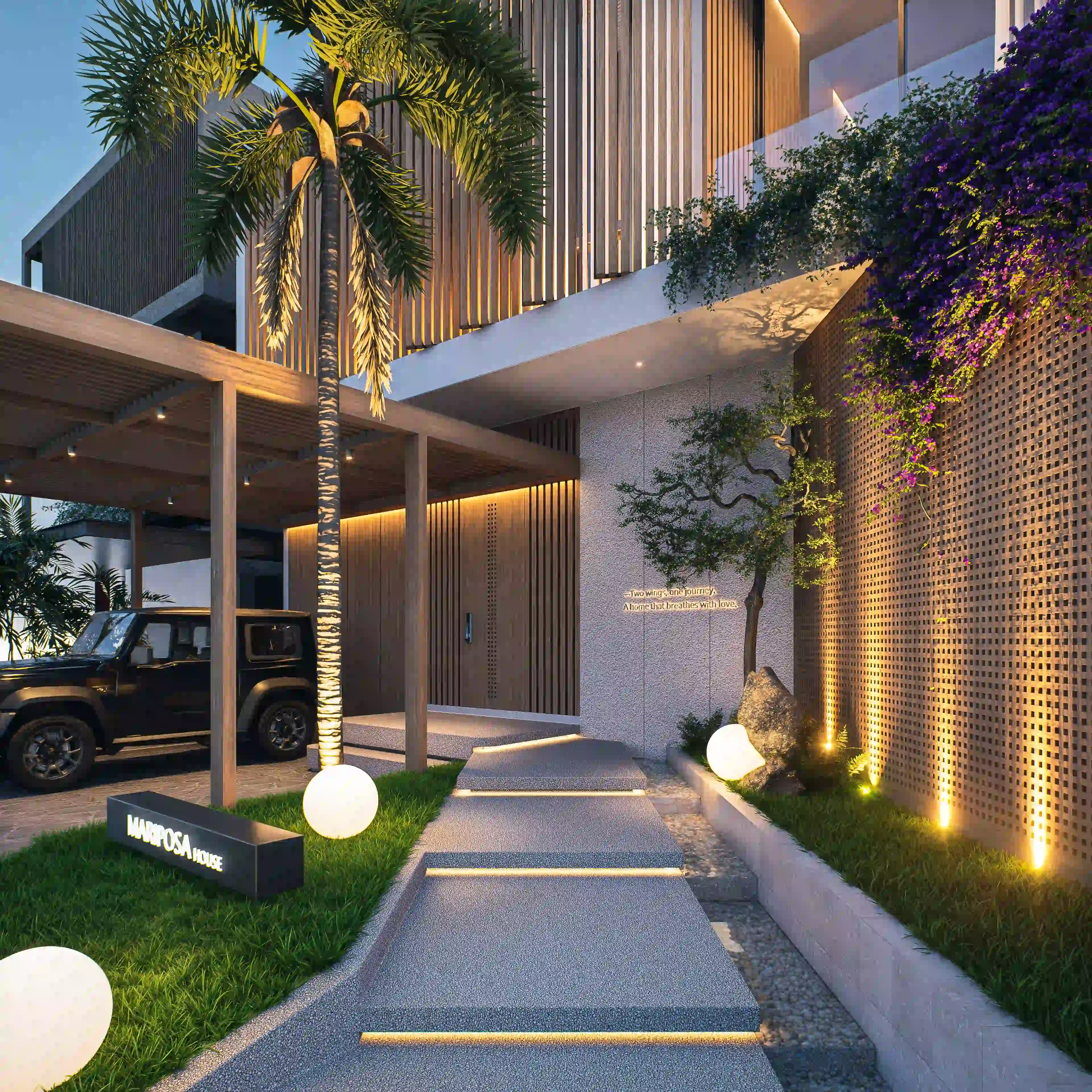 3d render tropical house parking spot