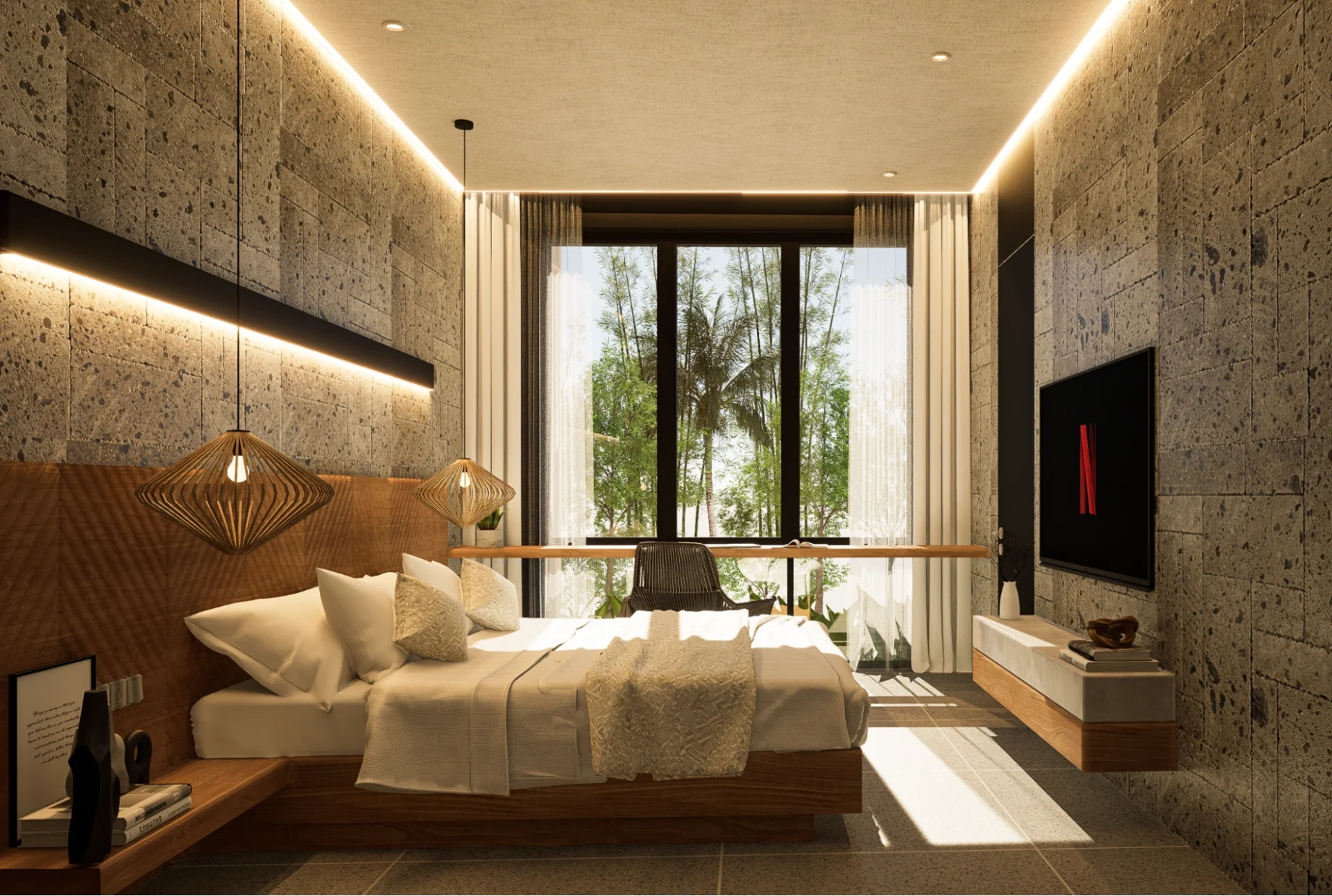 modern bedroom with warm lighting