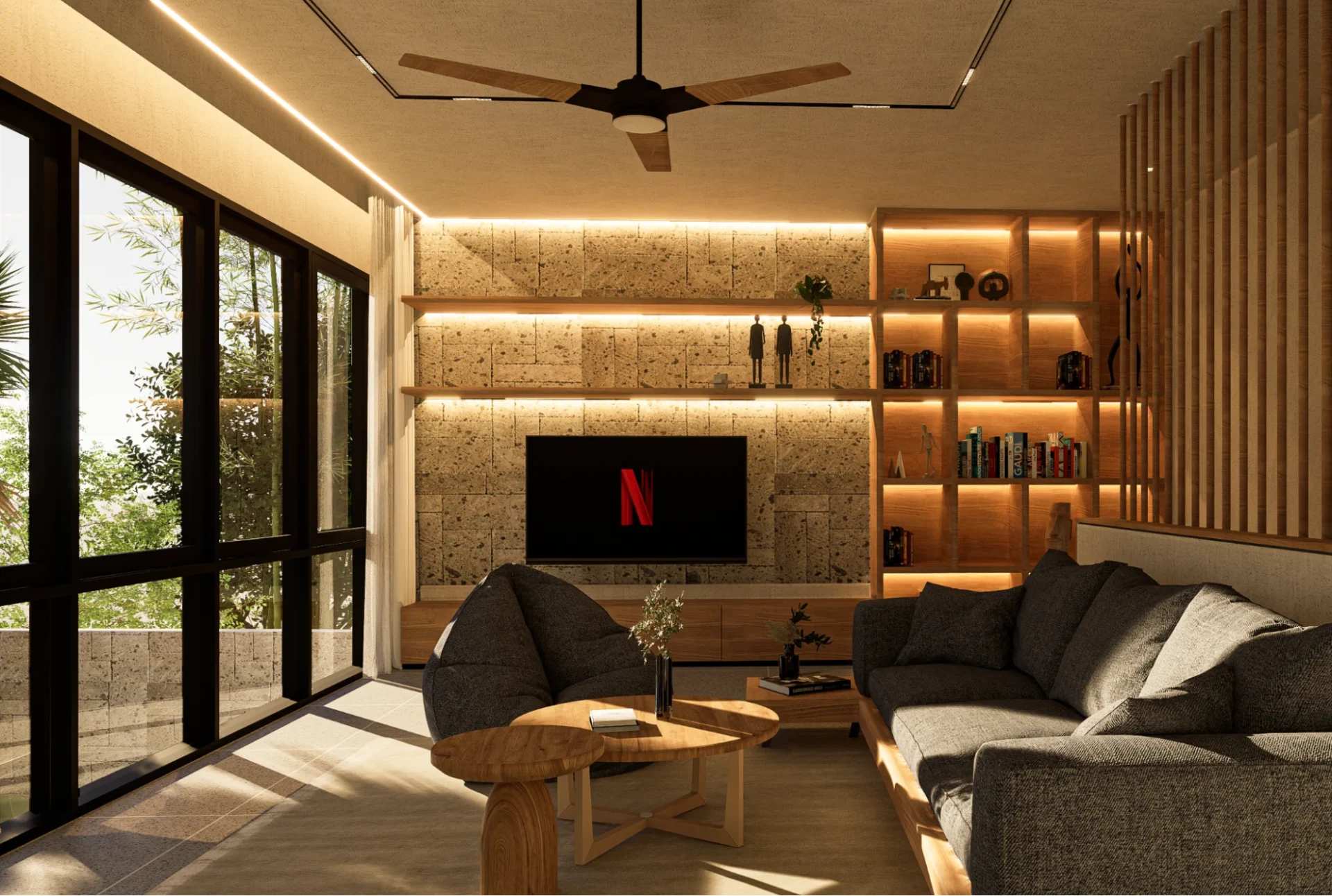 modern living room with warm lighting 