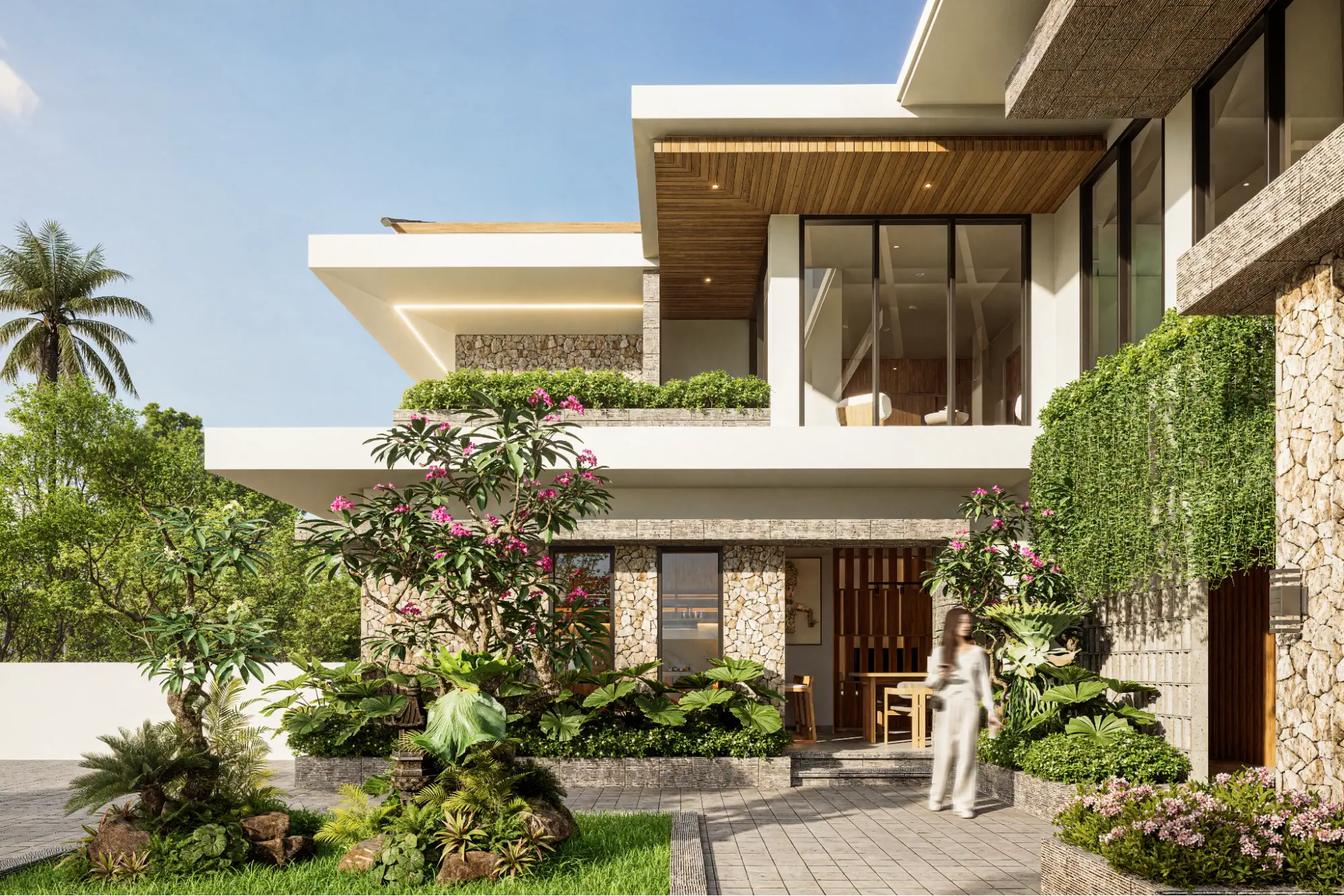 Aerial view of luxury villa on tropical hillside