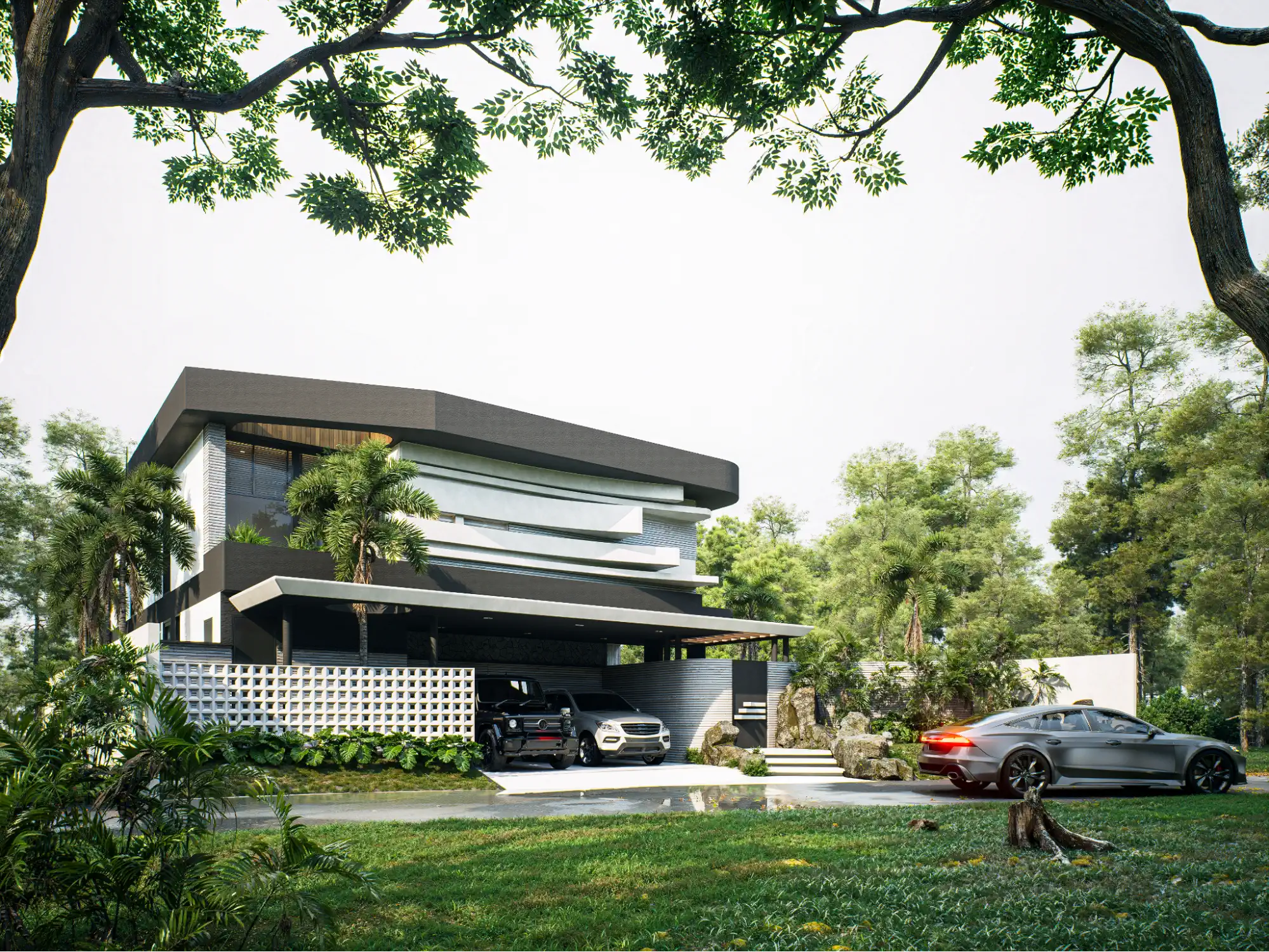 contemporary home exterior in forest setting