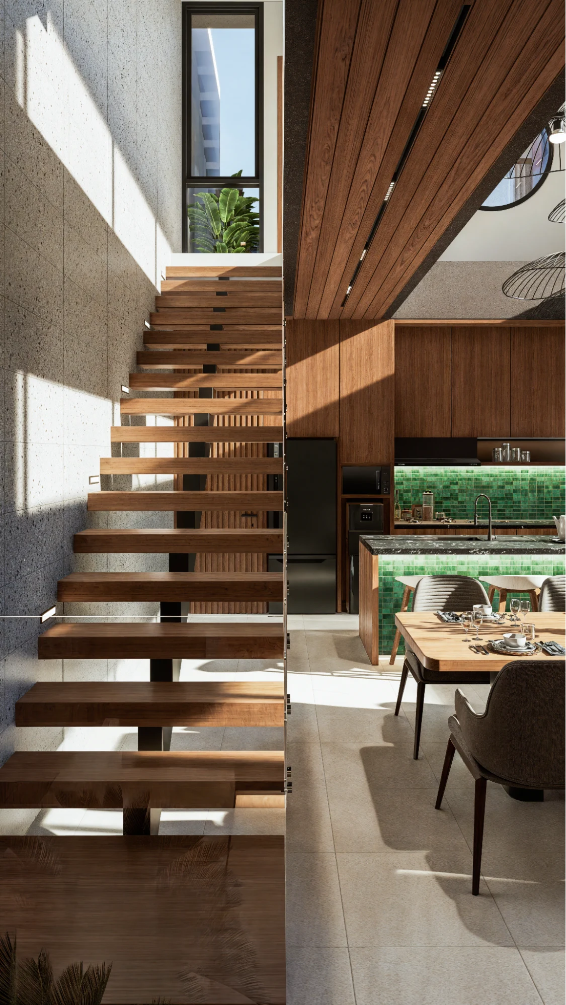 floating wooden staircase in modern interior
