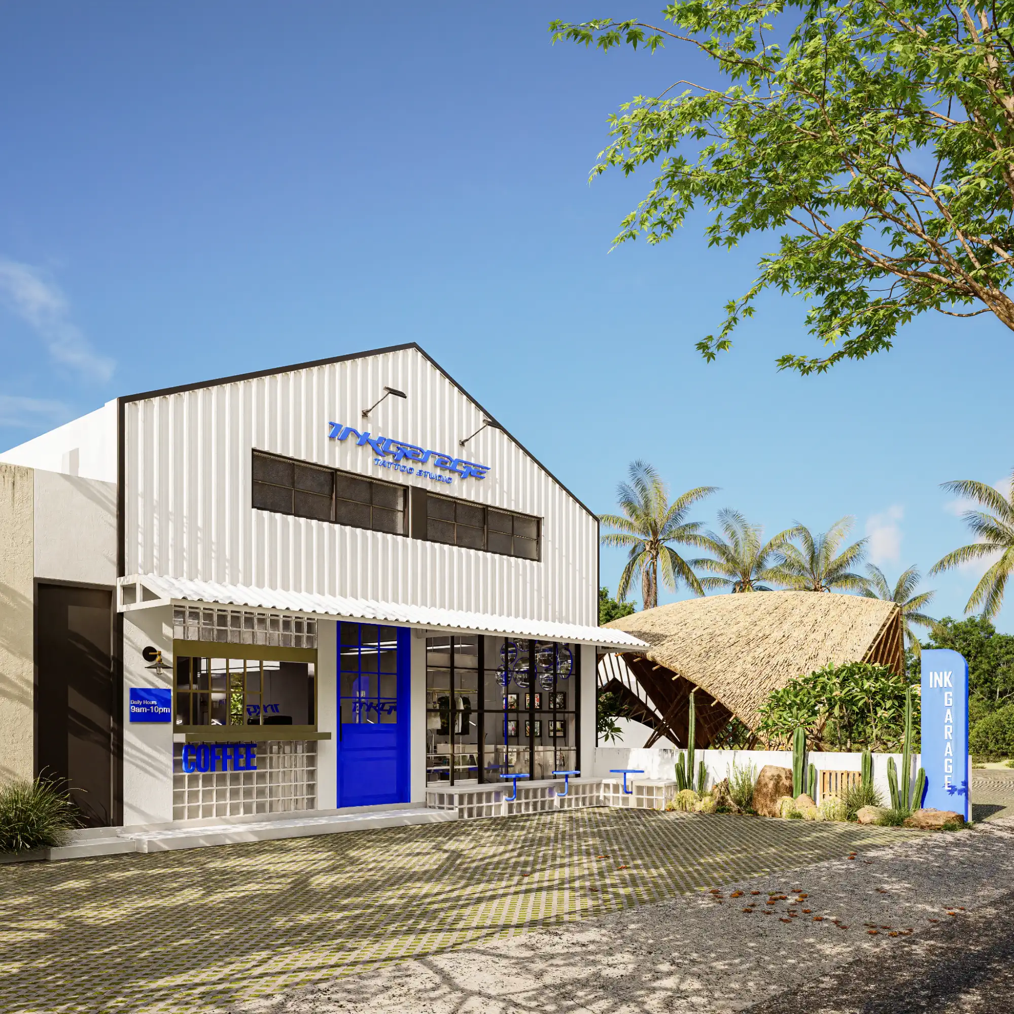 ink garage tattoo studio exterior with blue door