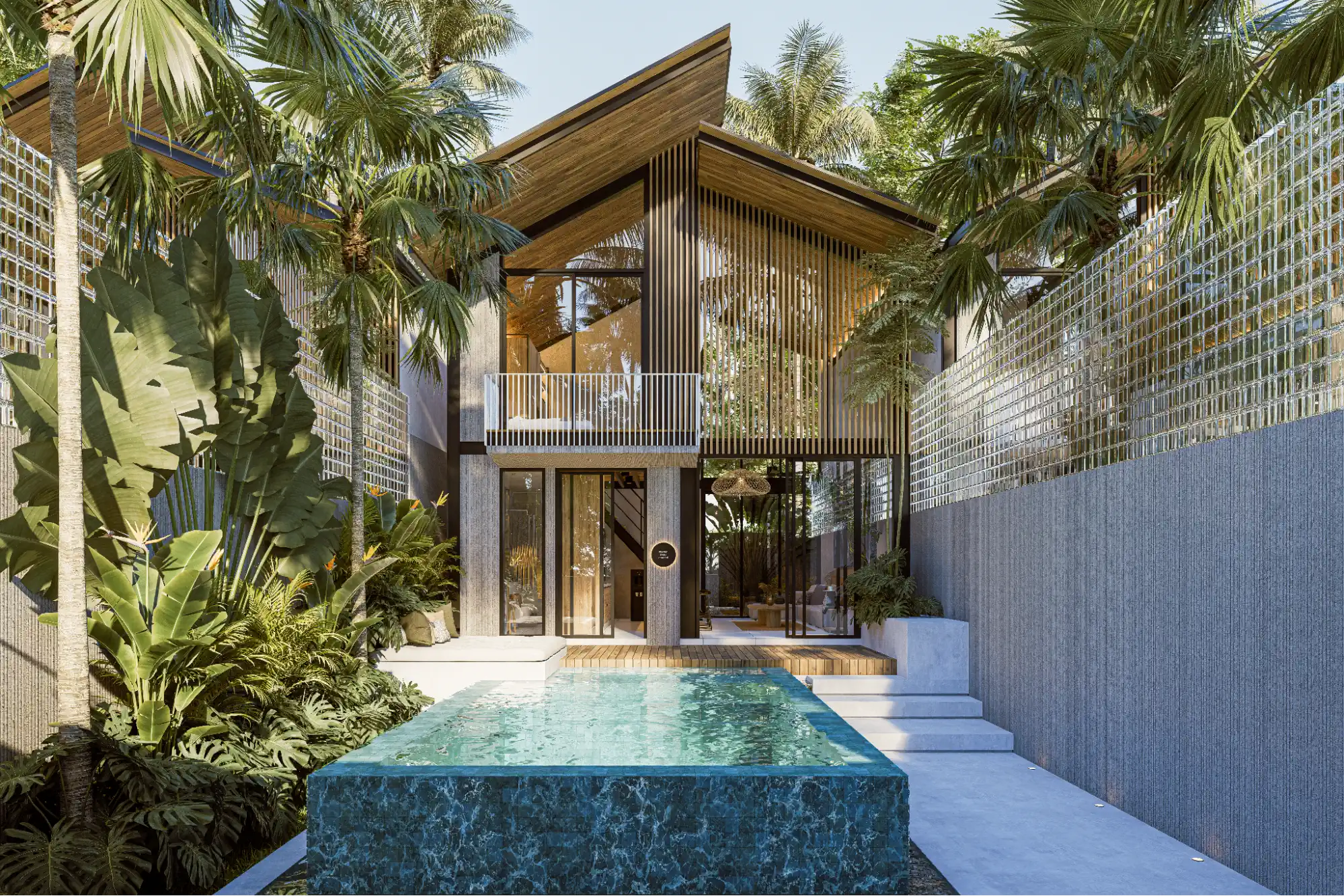 Luxury villa balcony with glass railing and view