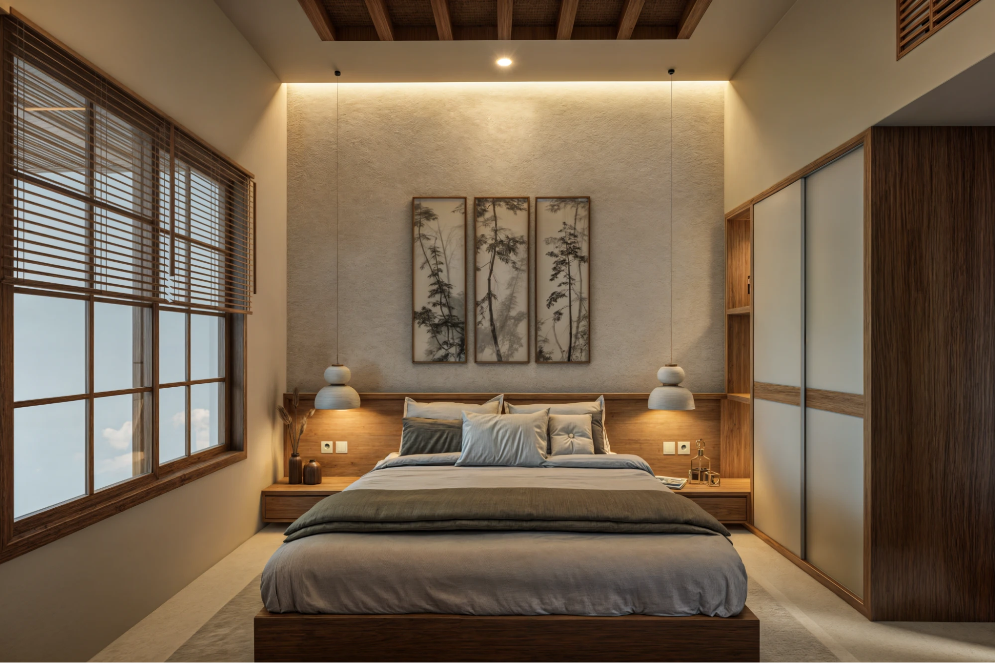 minimalist bedroom with warm lighting and artwork