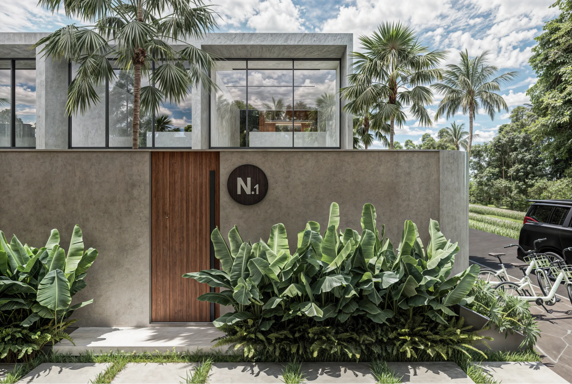 minimalist villa with tropical landscape