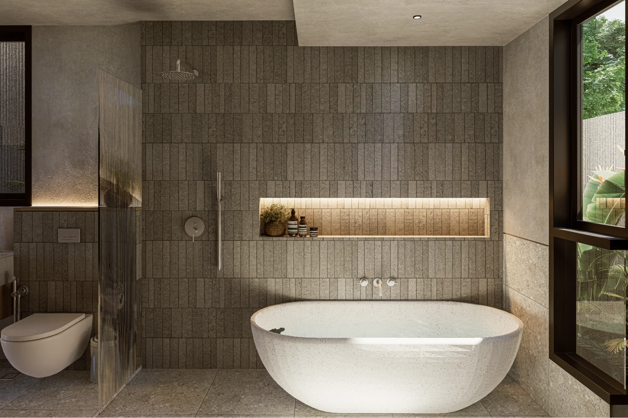 Modern bathroom with white freestanding bathtub