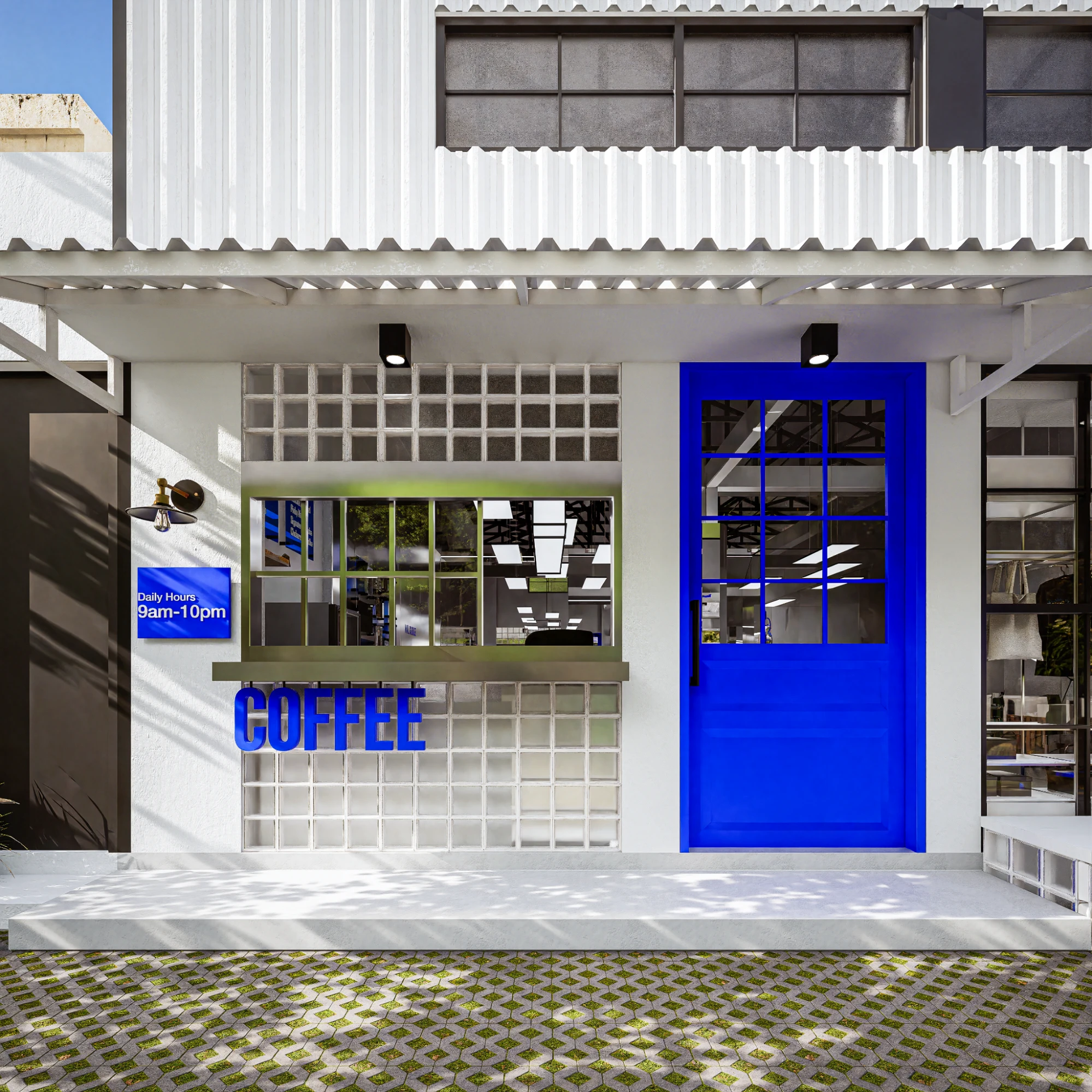 modern coffee shop front with bright blue door