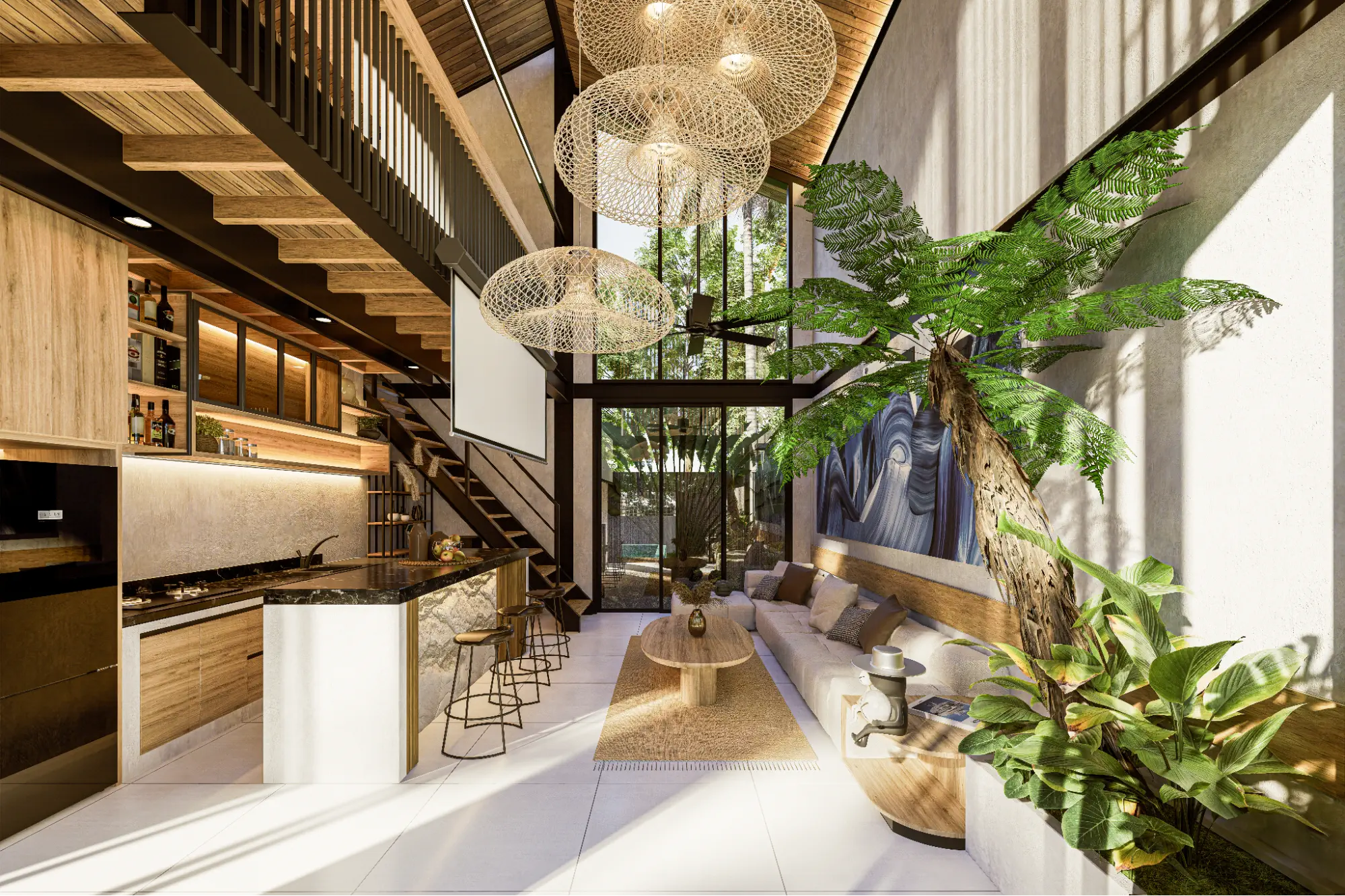 Modern concrete floating staircase with warm lighting