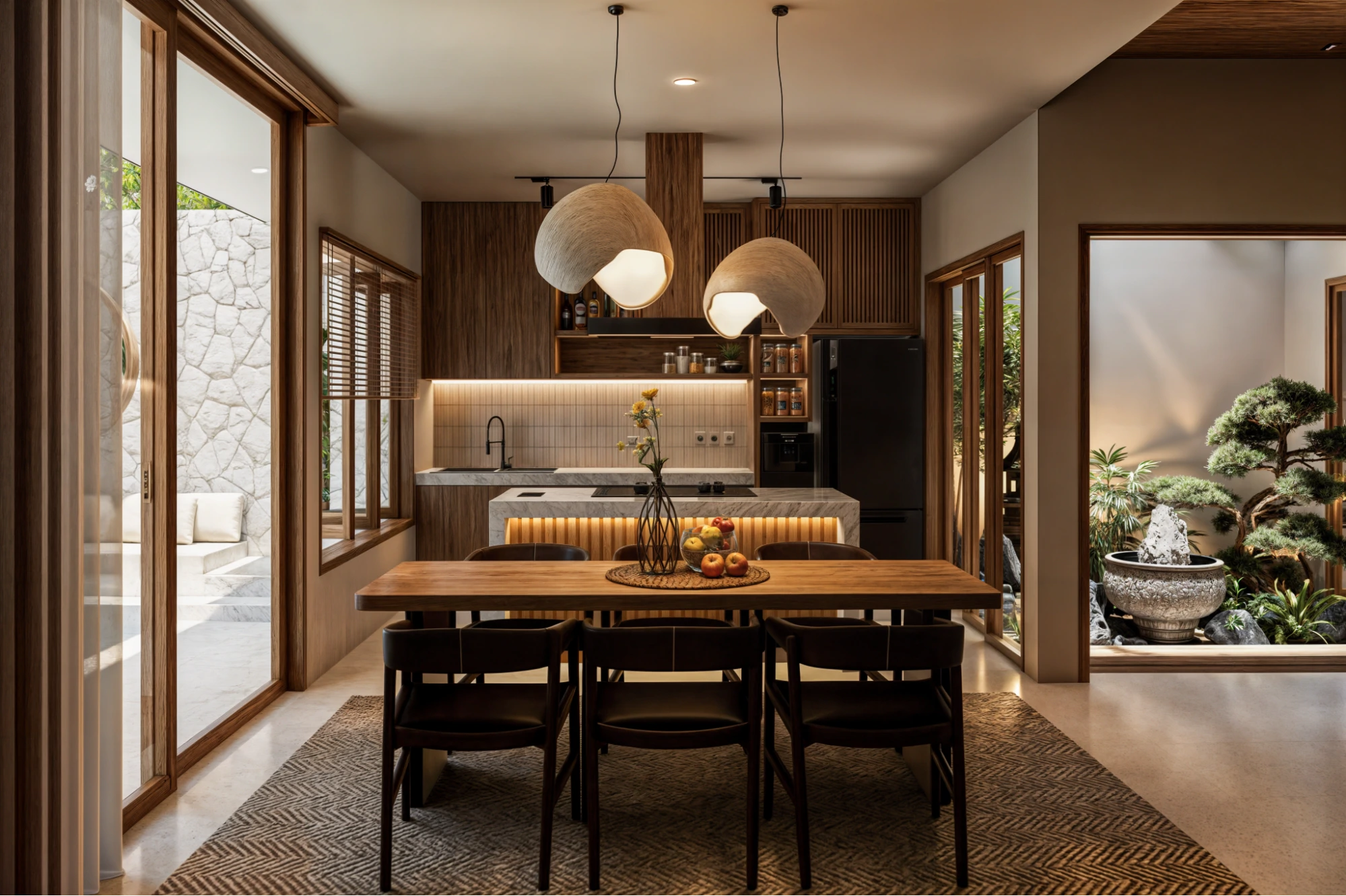 modern dining room with wooden table and lamps