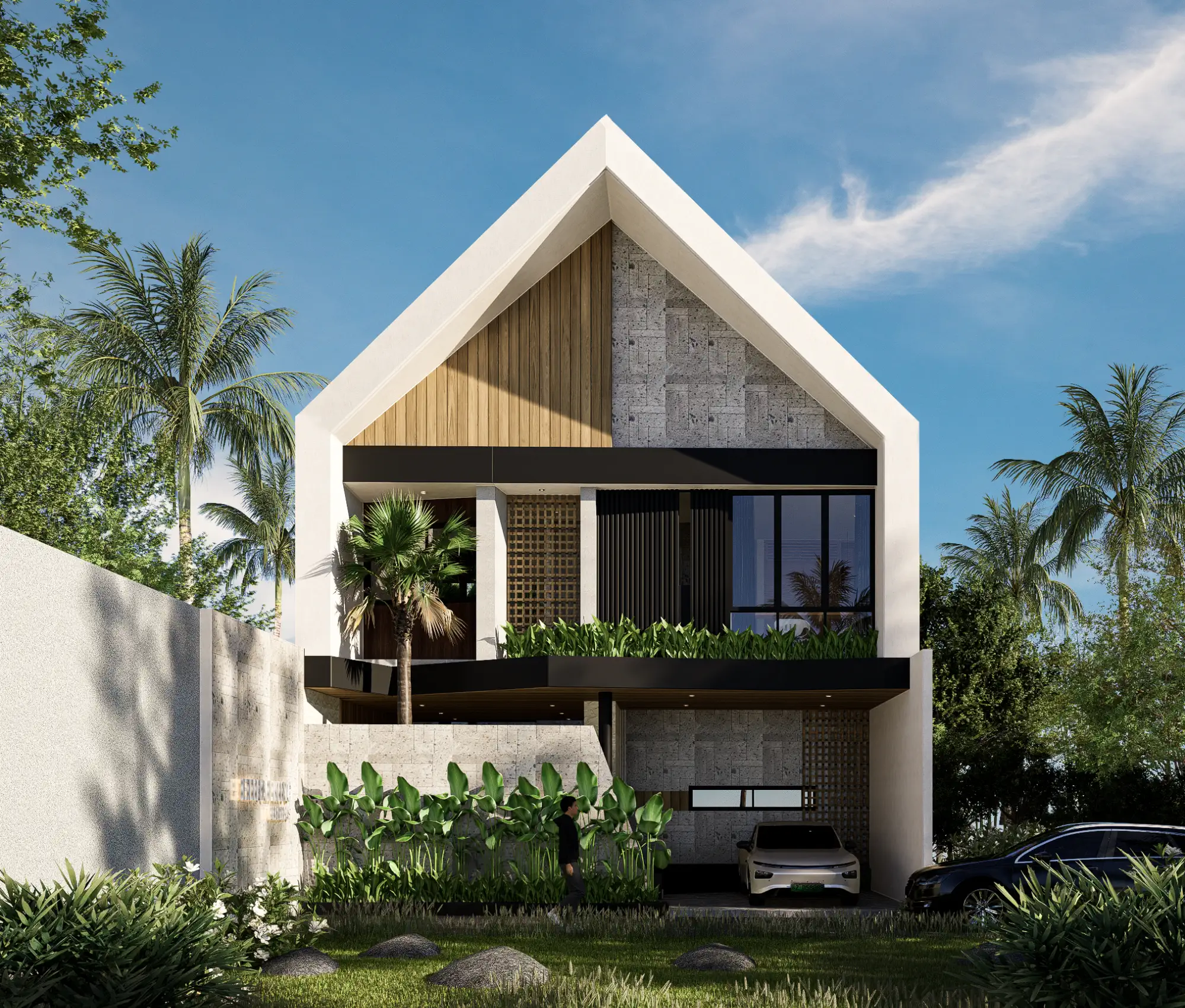 Modern house with white gabled A frame roof