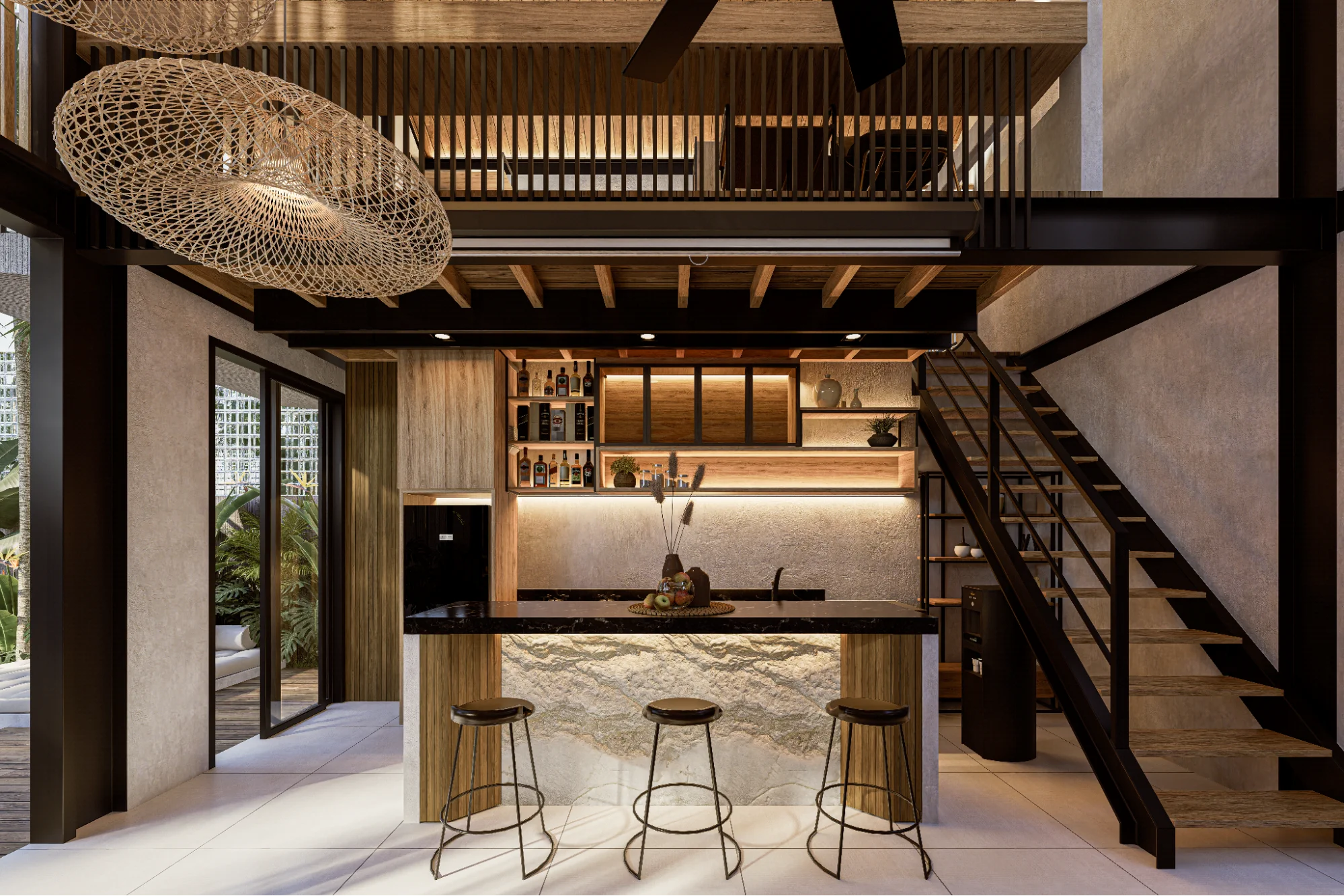Modern kitchen bar area with stools and stairs