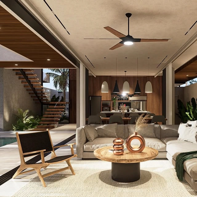 Modern living room with wooden coffee table