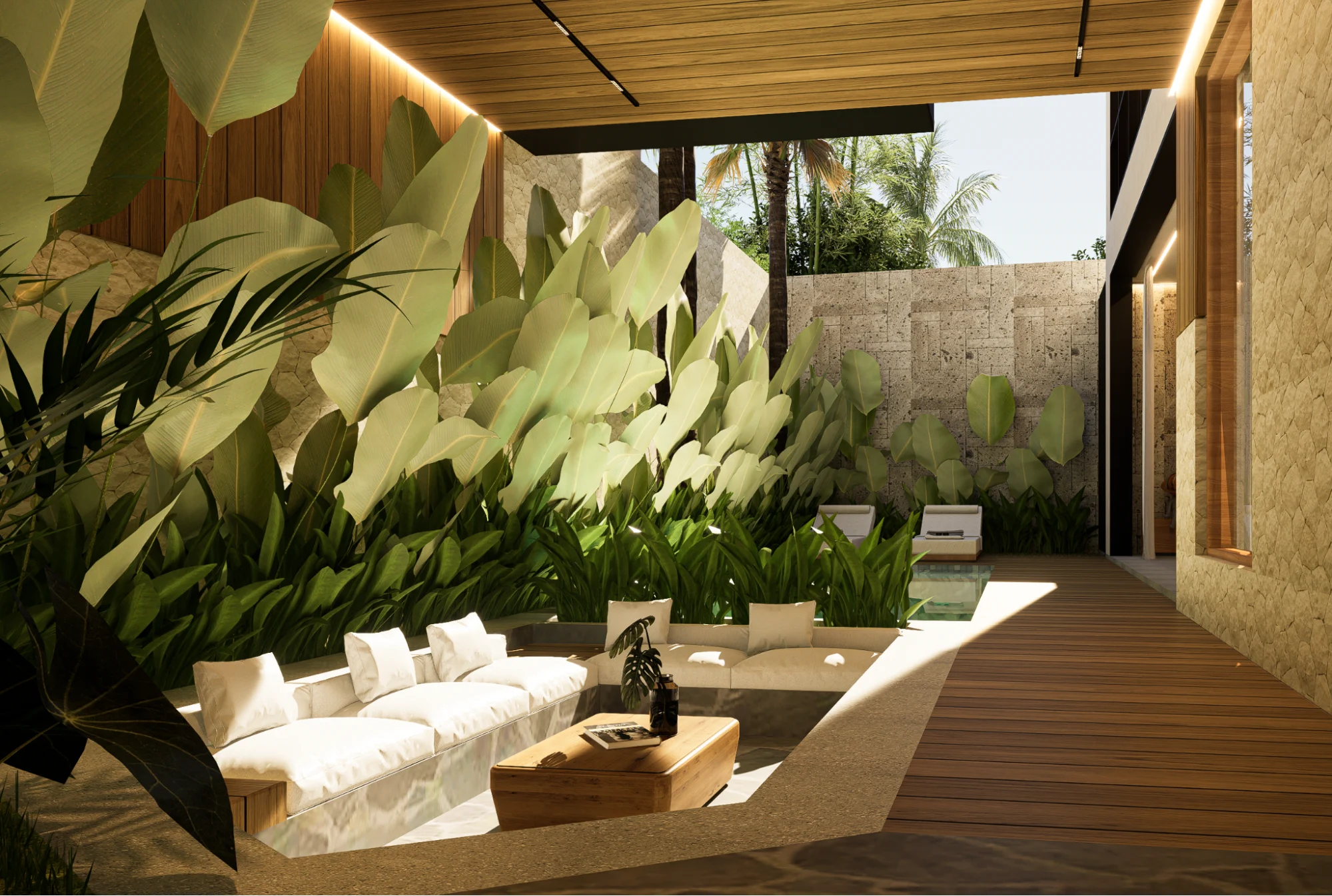 modern sunken seating with tropical plants