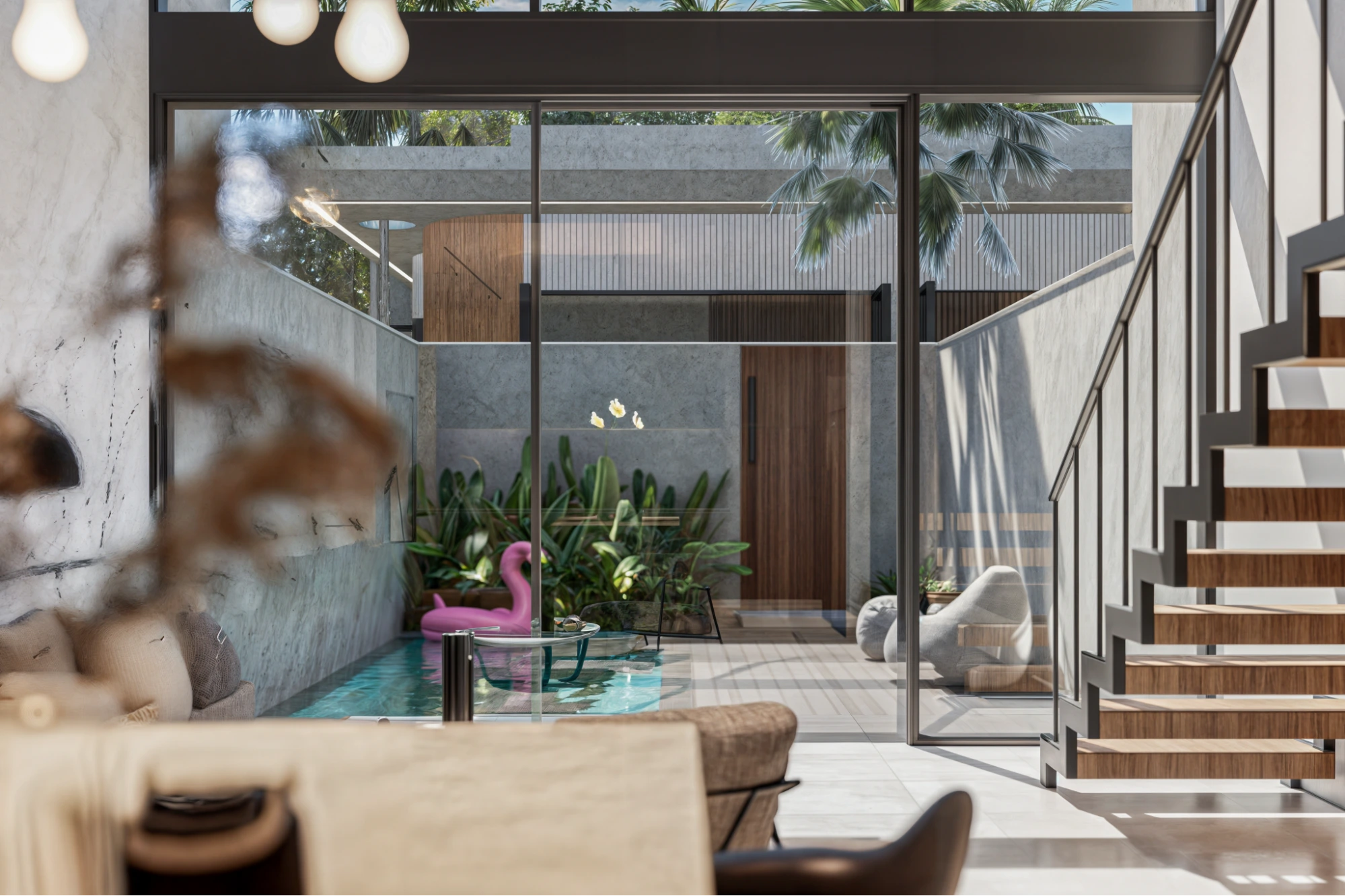 modern tropical pool with stone wall and sofa