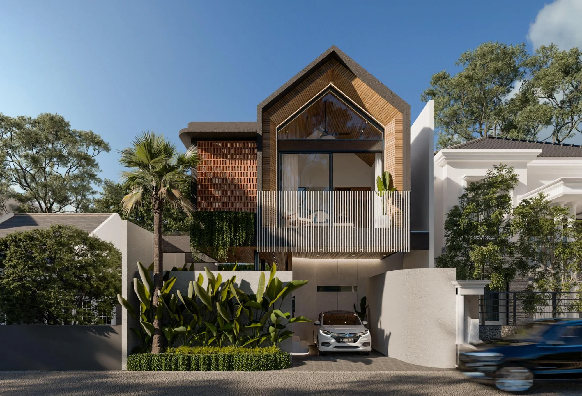 modern two story house facade with gabled roof