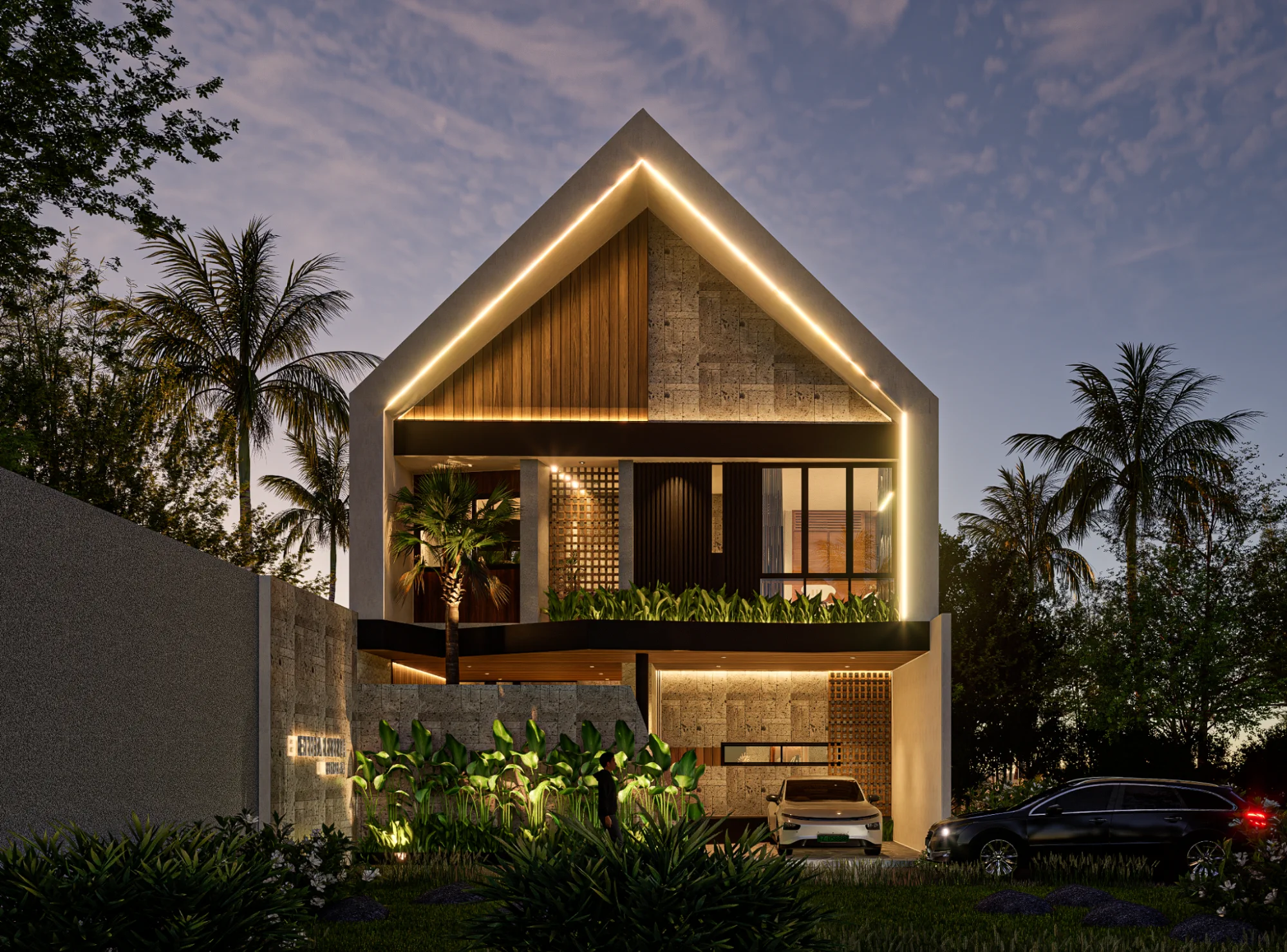 modern villa exterior at night with led lighting