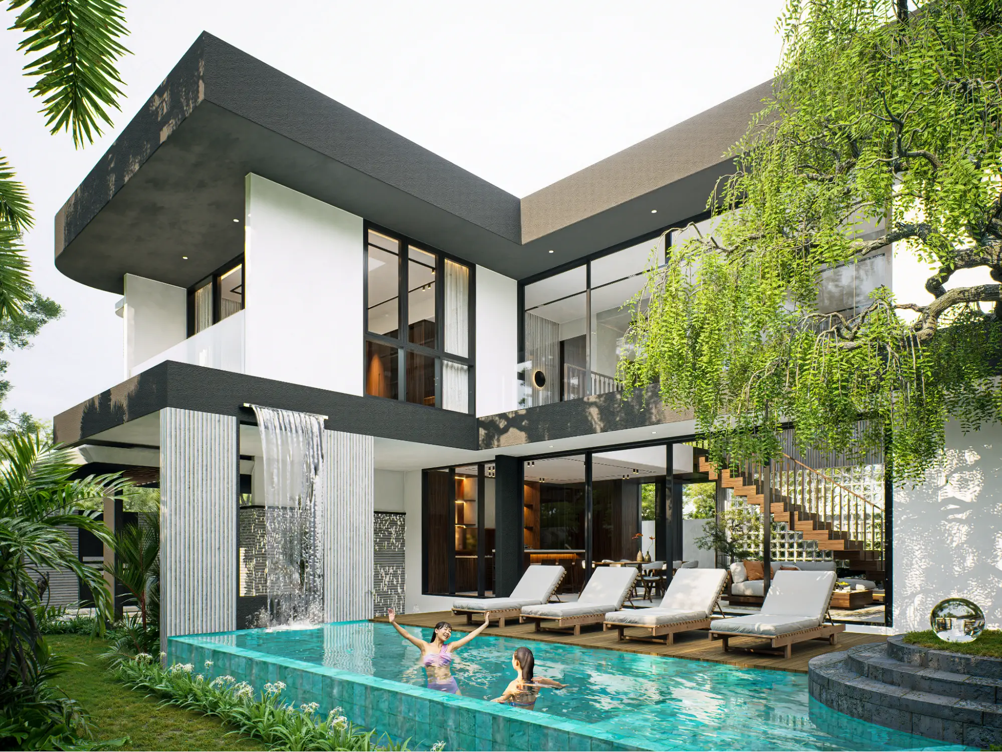 modern villa facade with traditional tile roof