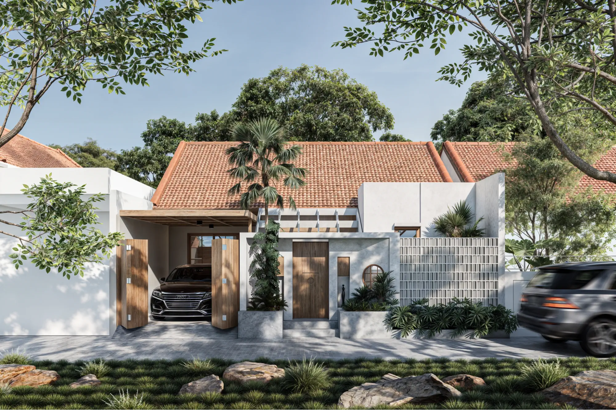 modern villa facade with traditional tile roof