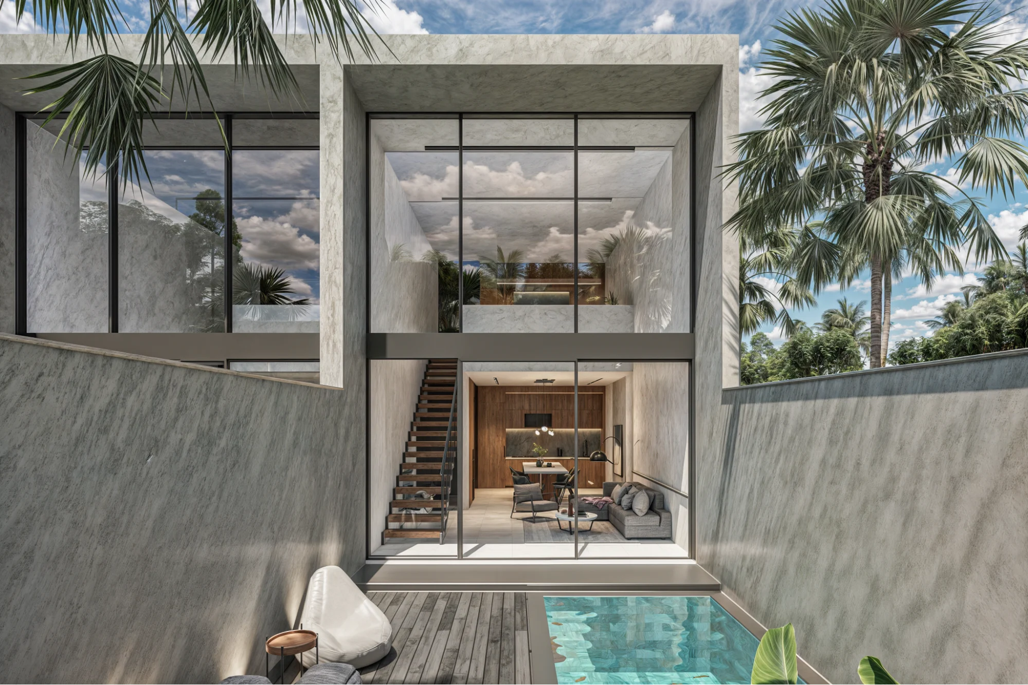 open concept kitchen and dining by the pool