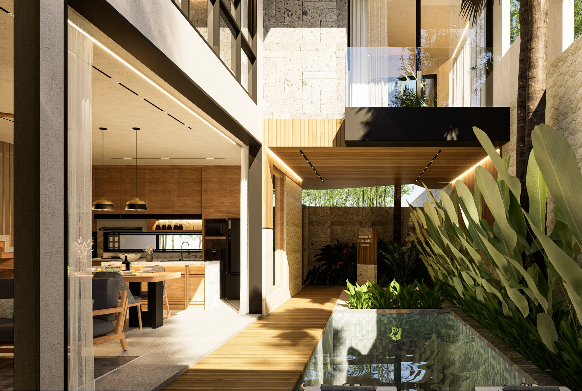 open concept kitchen and dining by the pool