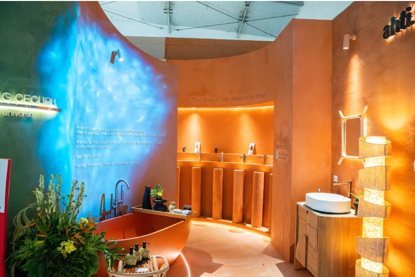 Orange bathtub and sinks in modern showroom display