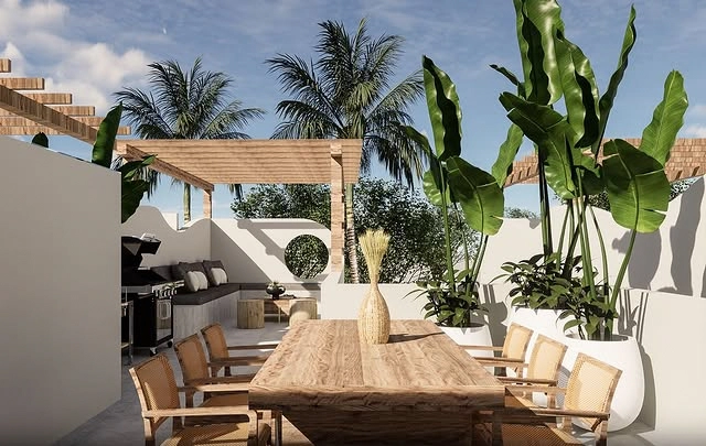 rooftop patio with wooden dining table and chairs