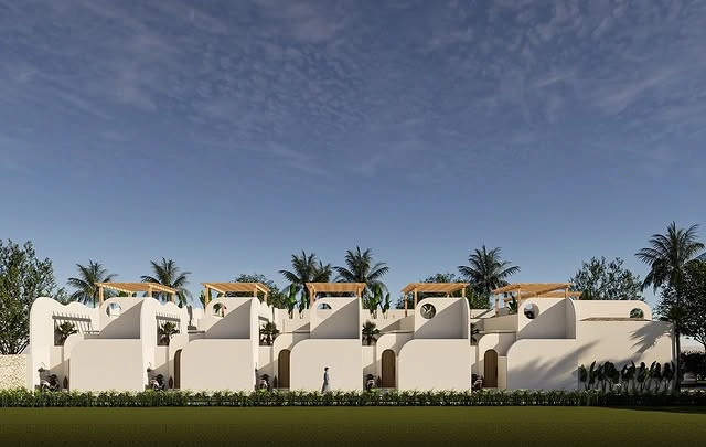 row of white minimalist villas with arched walls