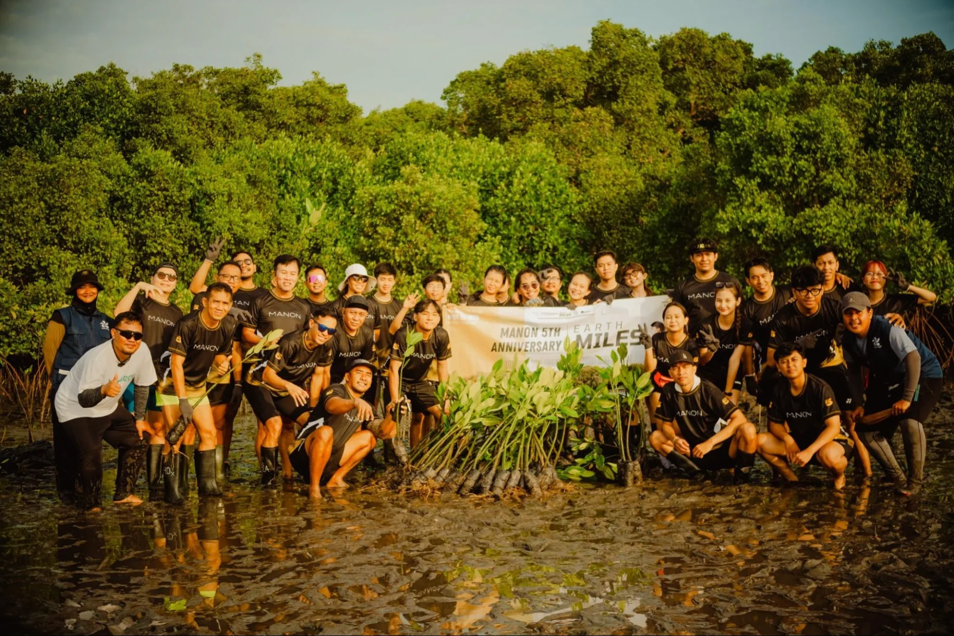 volunteers gathered around mangrove seedlings at sunset