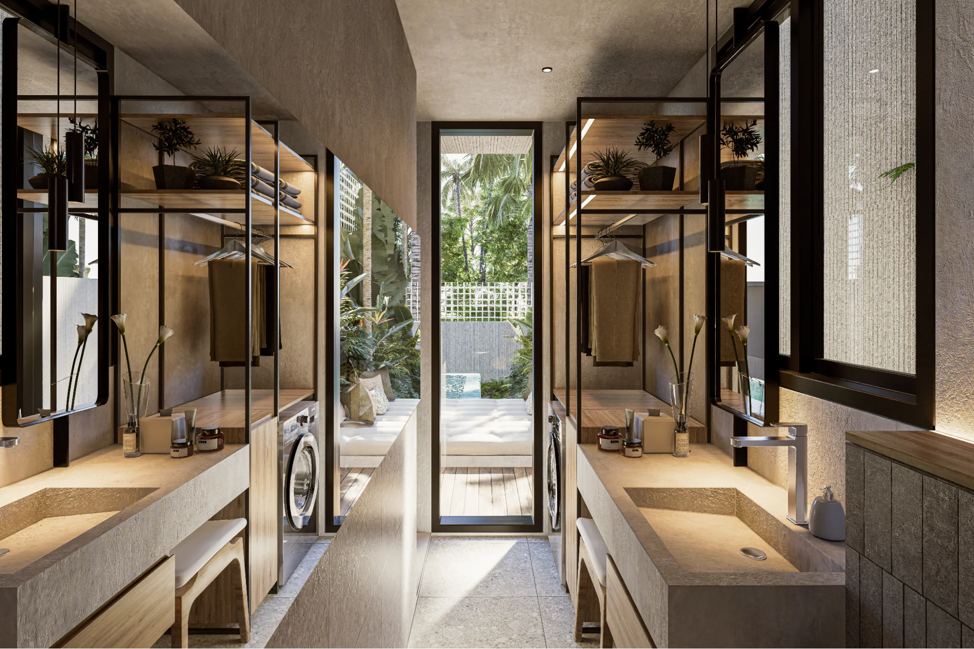 White geometric gabled roofs of a modern luxury villa