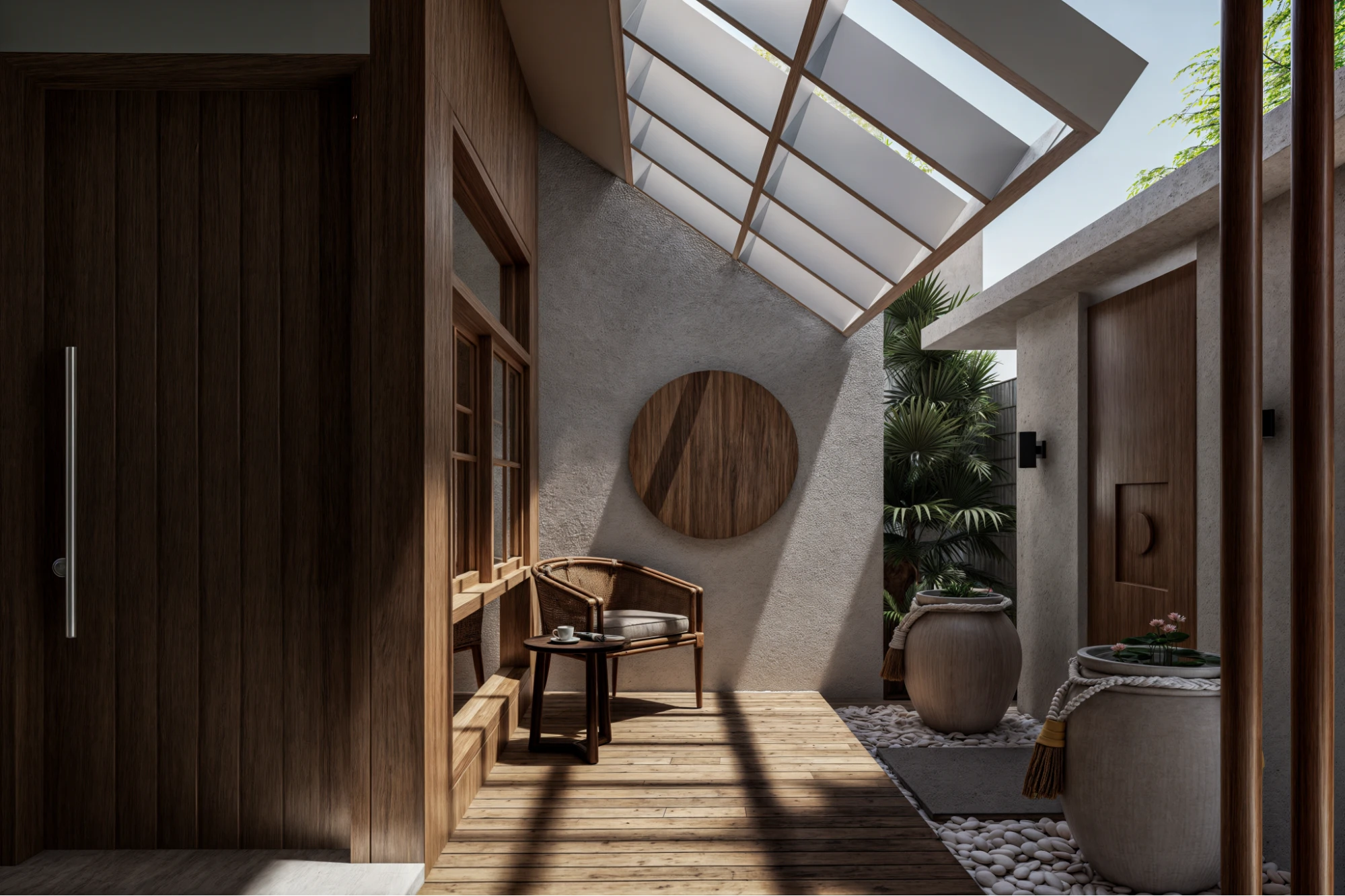 wooden patio deck with glass pergola ceiling