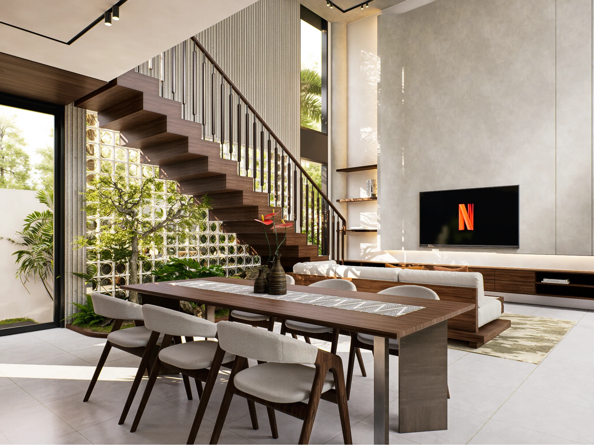 dining-table-in-front-of a wooden staircase
