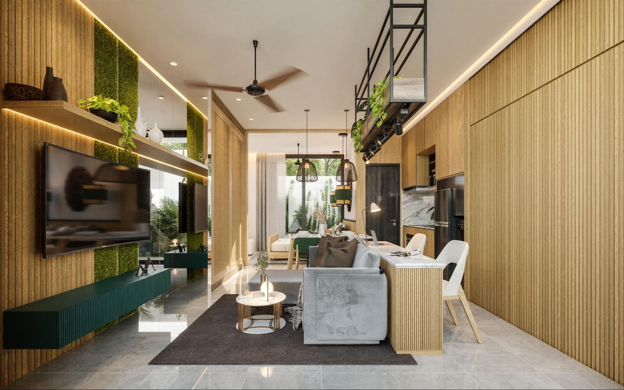 modern living room featuring wood slat walls