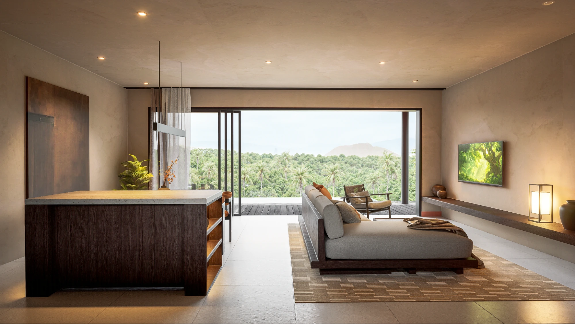 modern room with a wide view of a tropical jungle