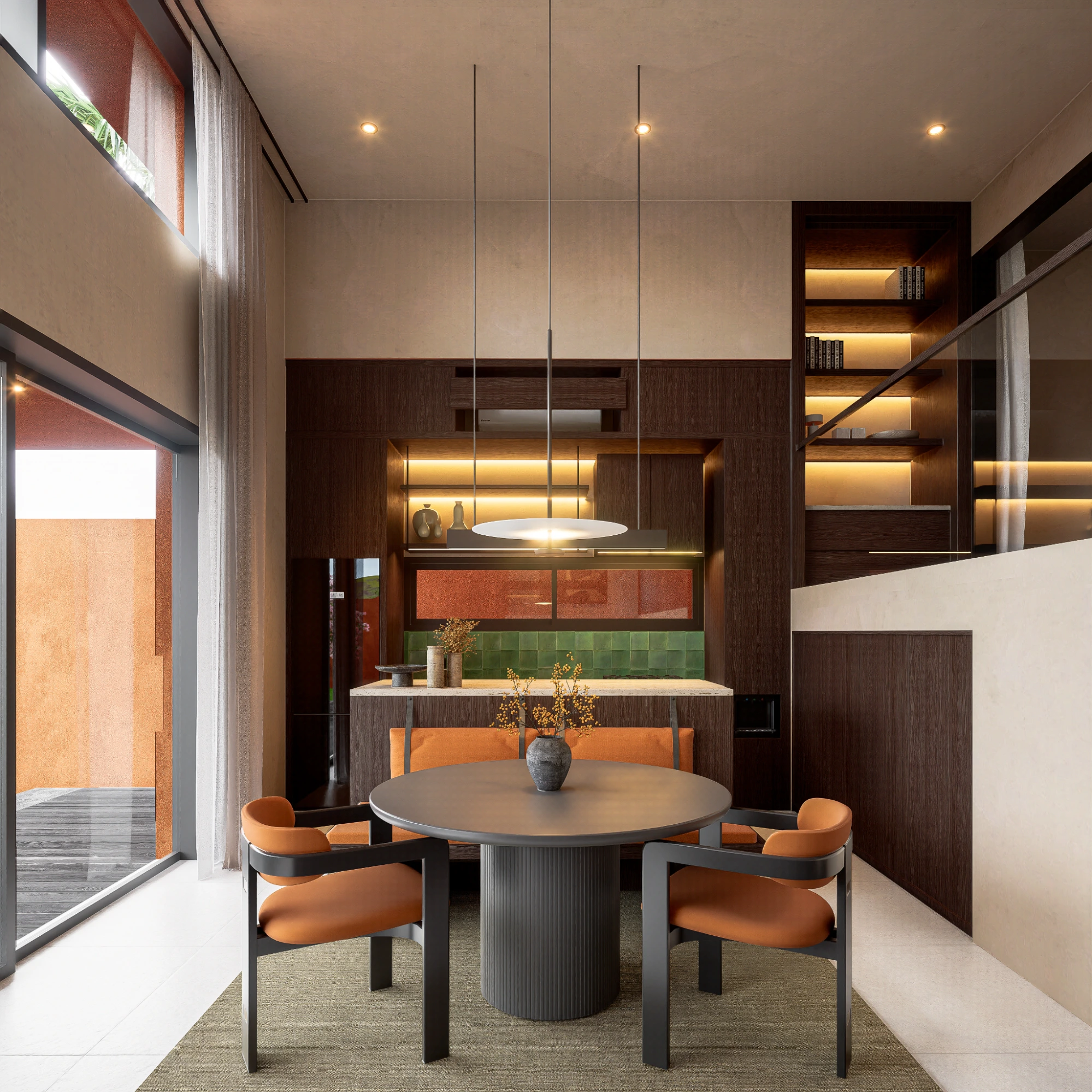 round dining table with orange