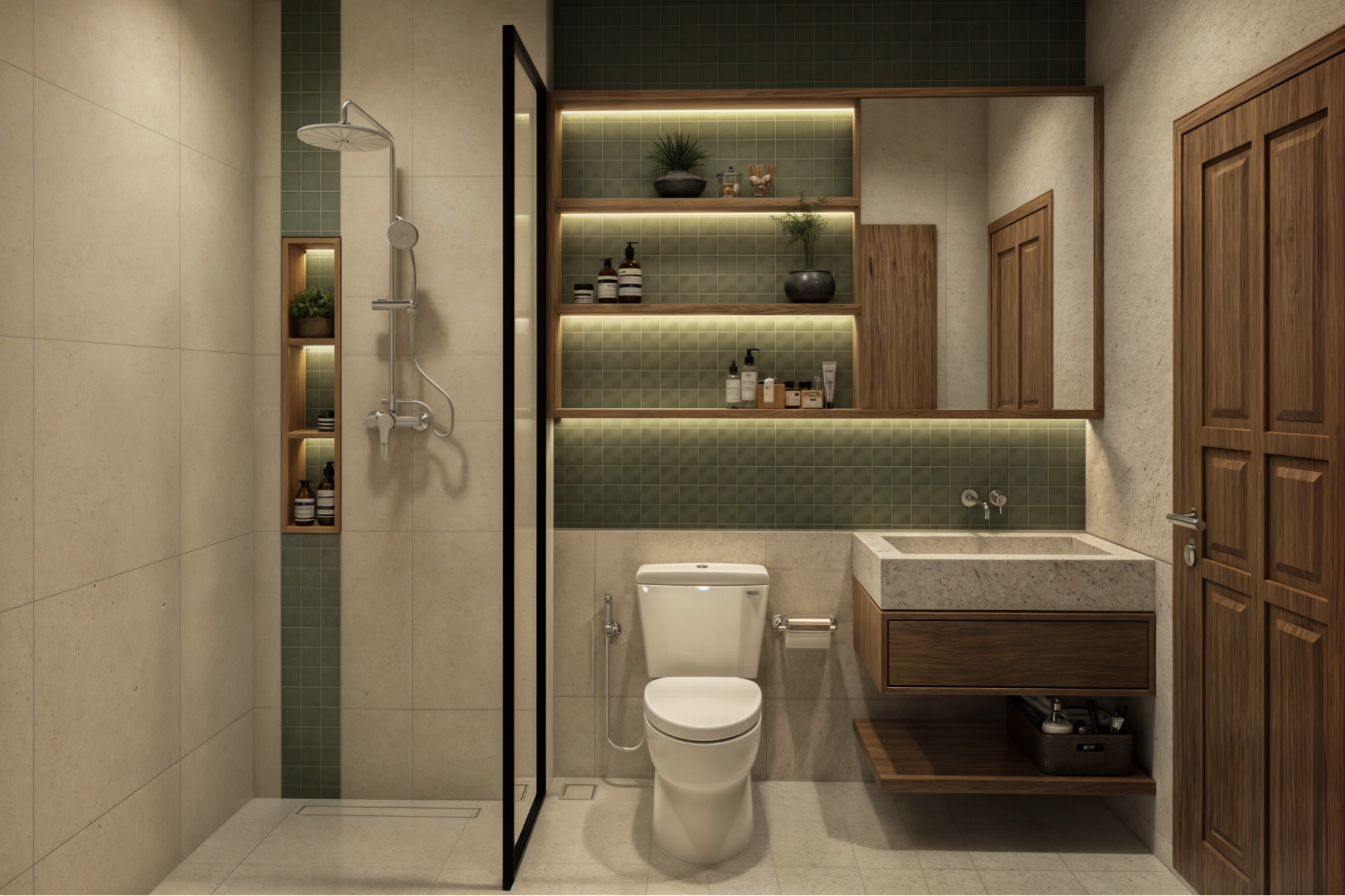 bathroom with green wall tiles