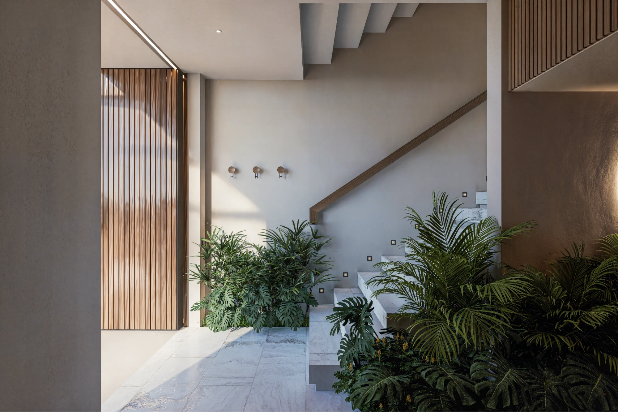 Minimalist foyer with marble stairs and plants