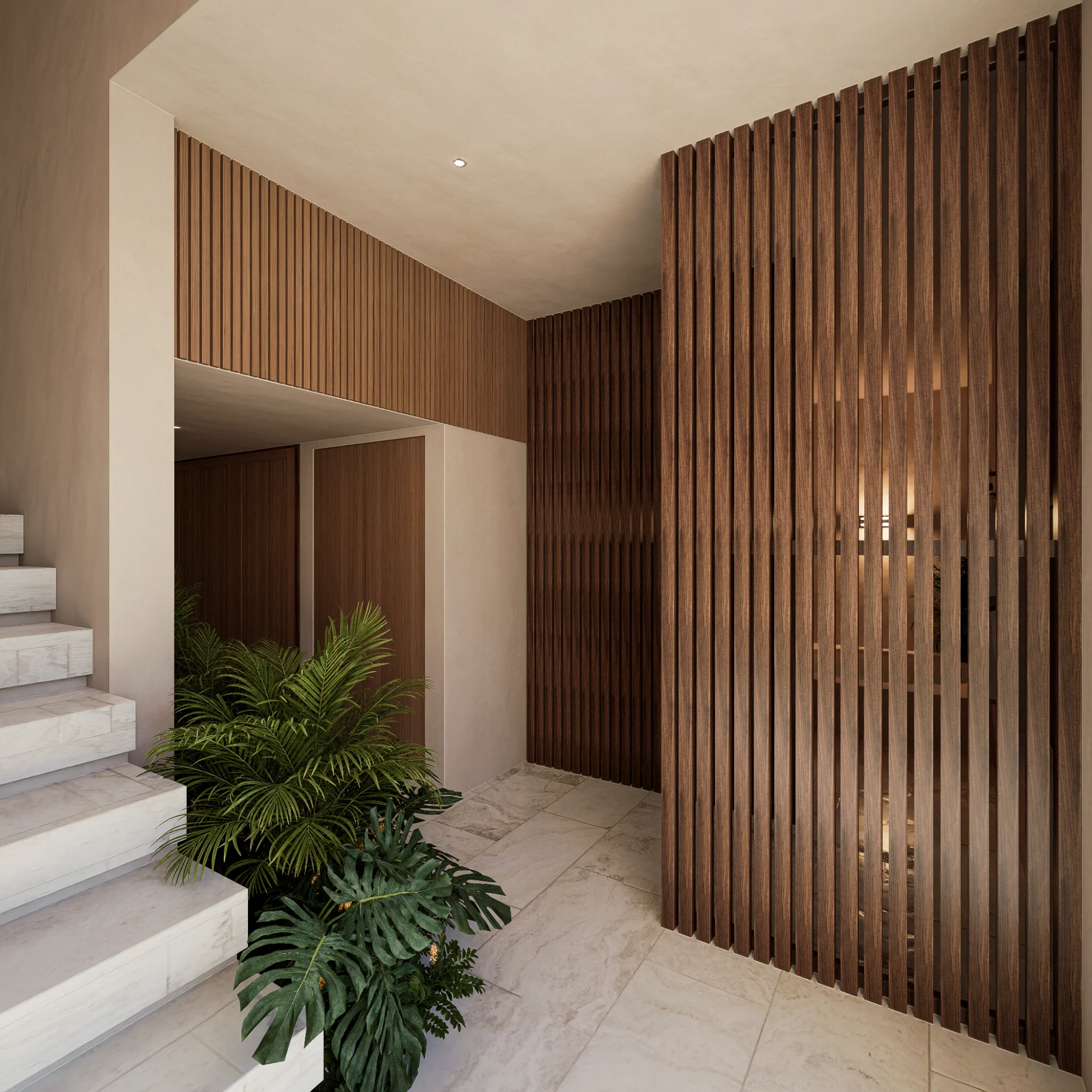 Modern hallway with wooden slats and marble stairs