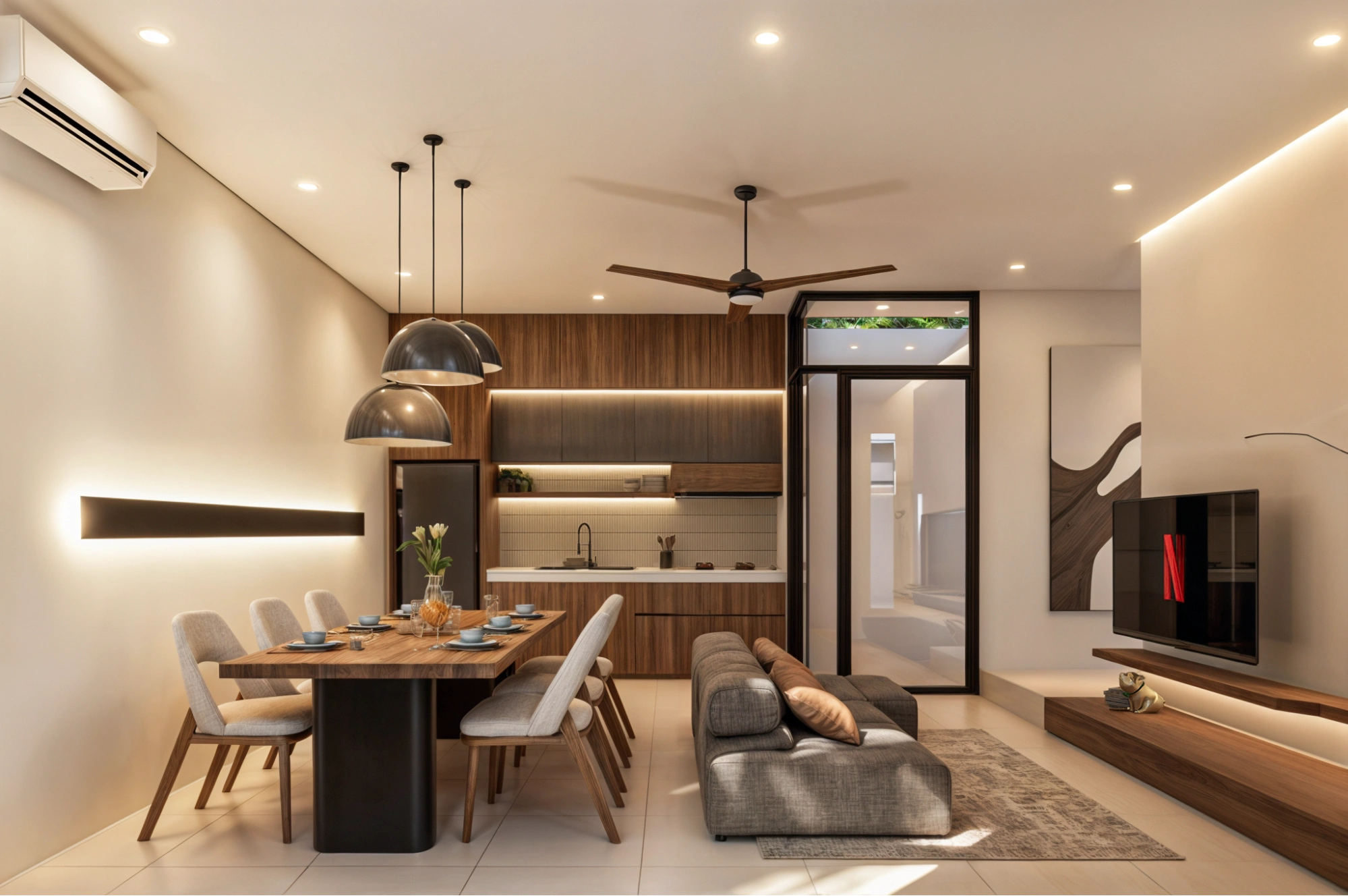 Modern living and dining room with warm lighting