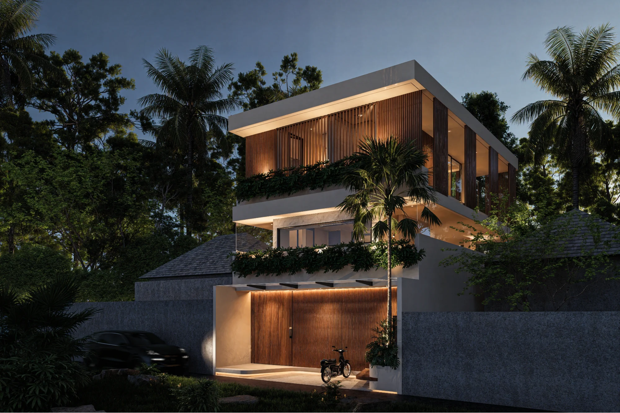 Modern multi-story villa at night with warm lights