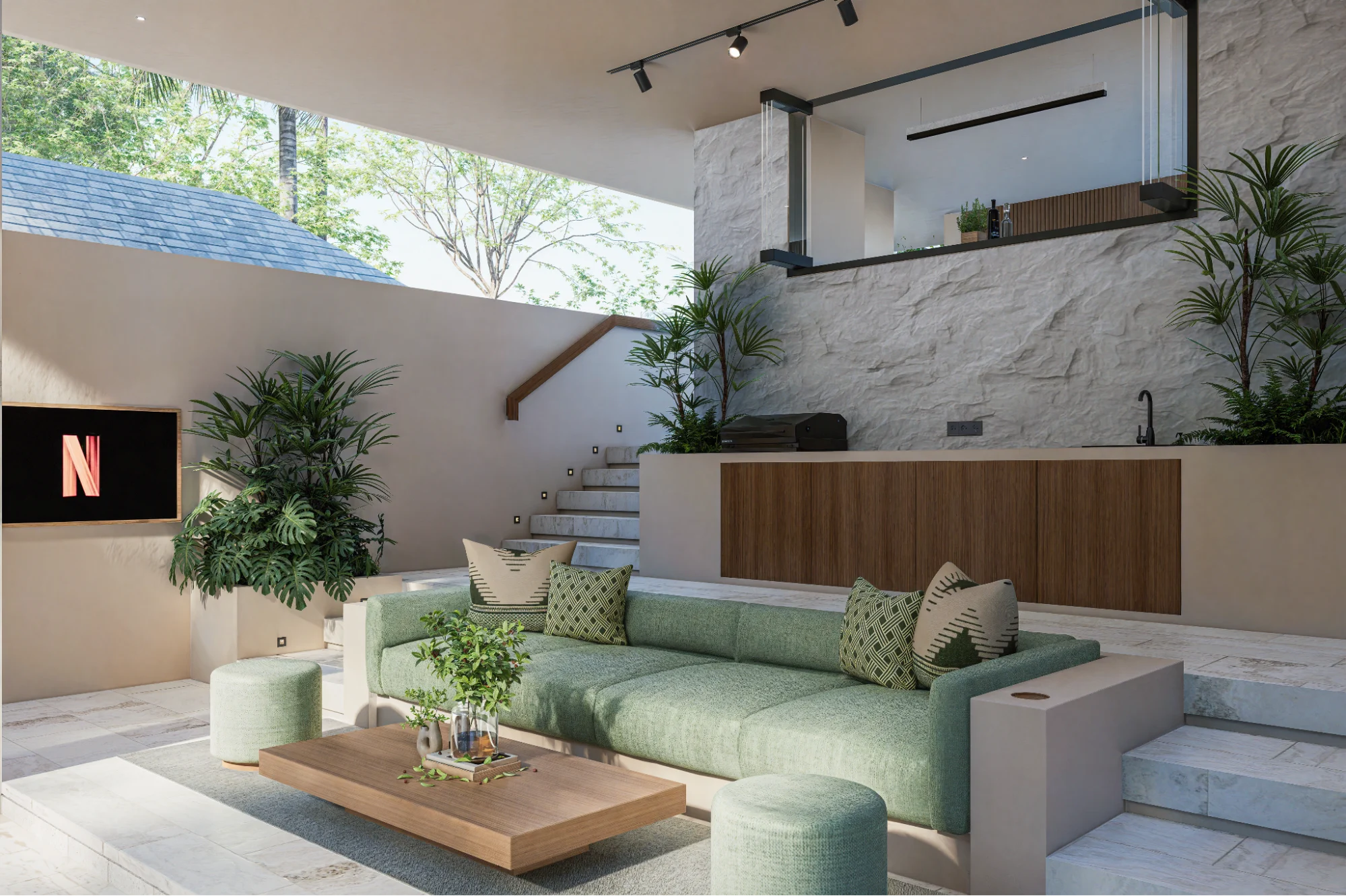 Modern semi-outdoor lounge with a green sofa