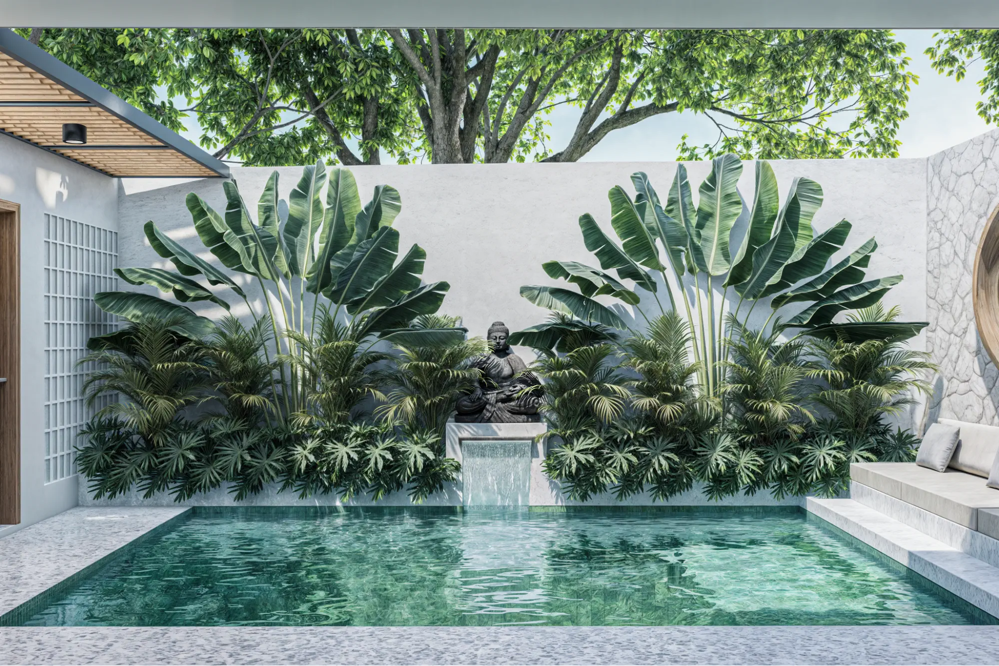 pool with buddha statue