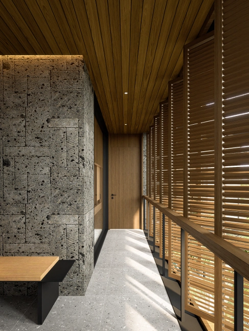 balcony with stone wall wooden ceiling and shutters