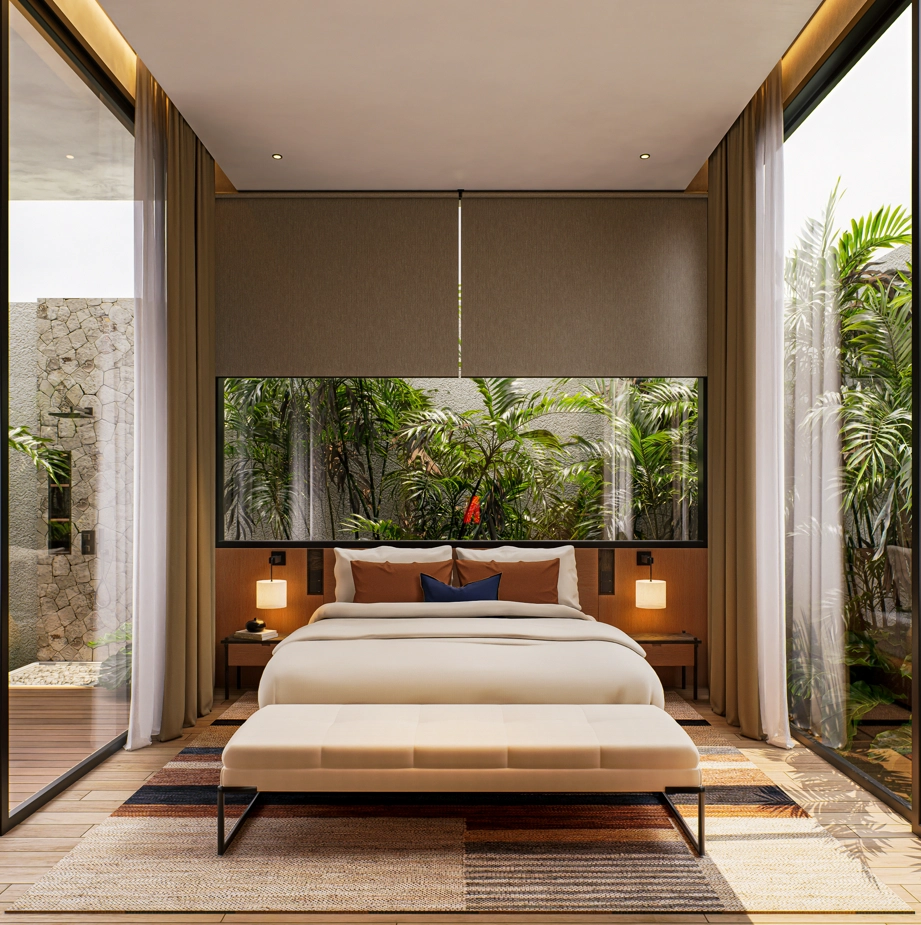 luxury modern bedroom with glass walls and garden view