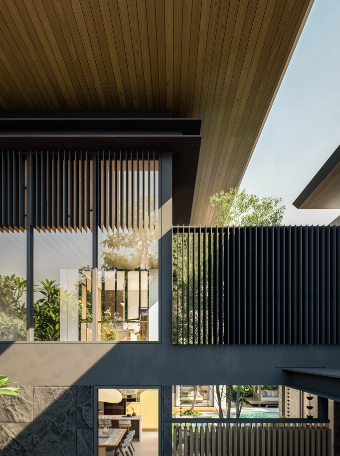 modern architectural home exterior with black louvers