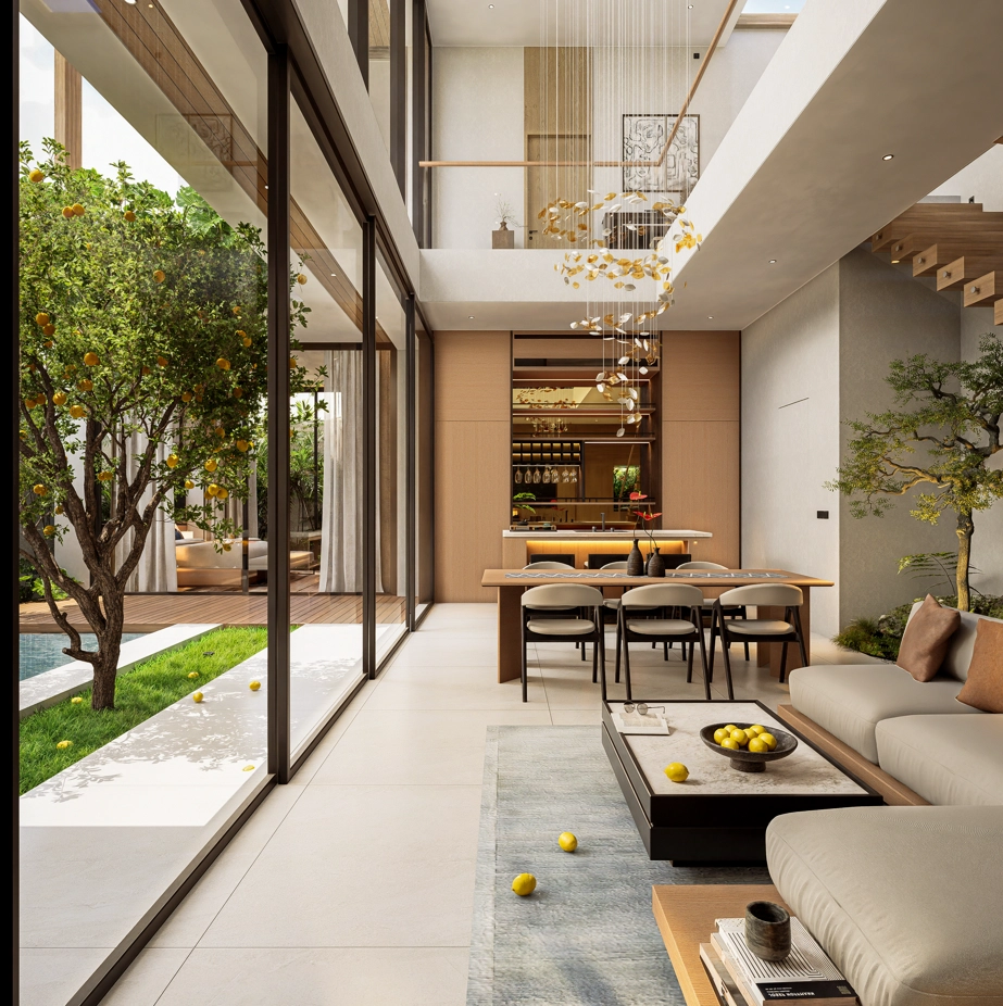 modern open plan living room with indoor lemon tree