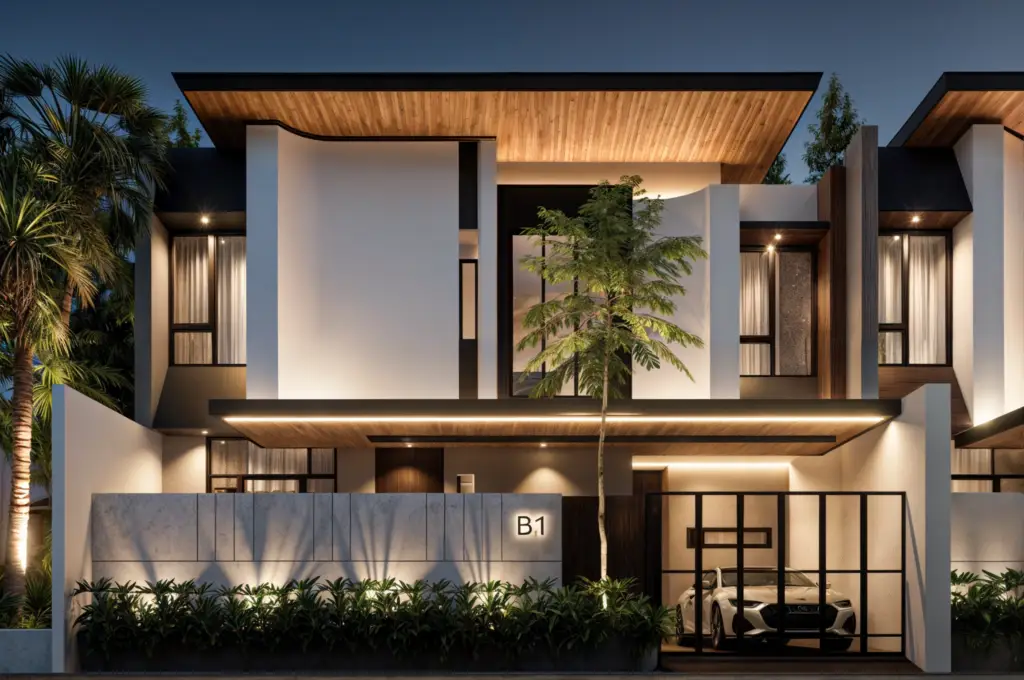 Taman Dewayu Residence modern tropical house facade in Kerobokan, Bali (night ambience detail)