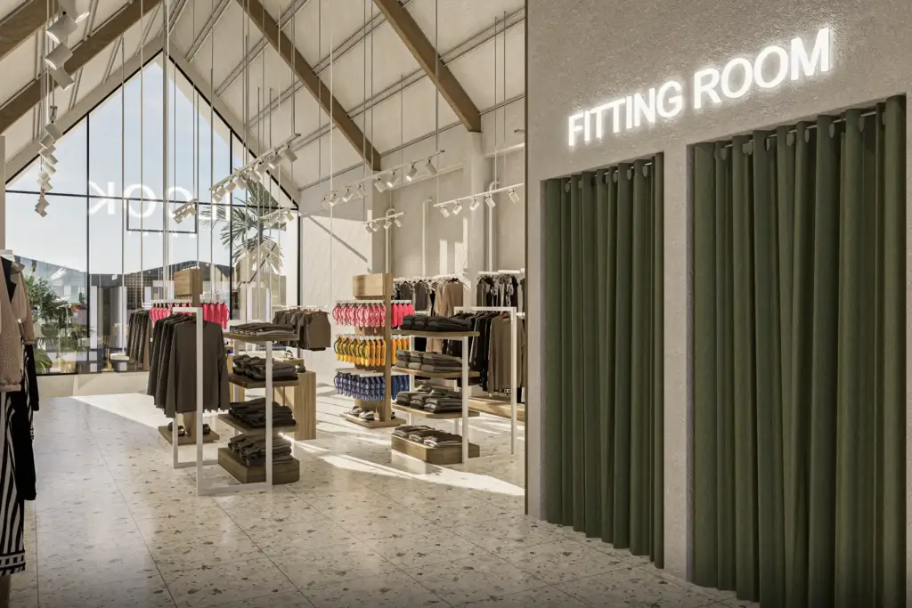 Fitting room area with warm neutral finishes inside I Look Daily Gianyar