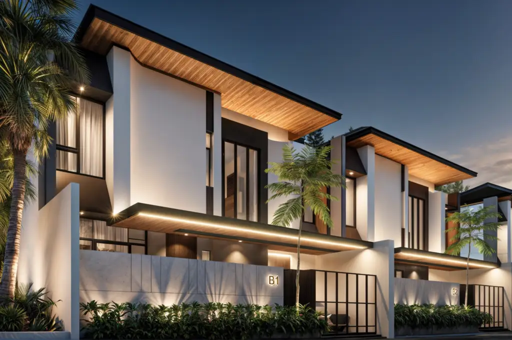 Taman Dewayu Residence modern tropical house facade in Kerobokan, Bali (night ambience)